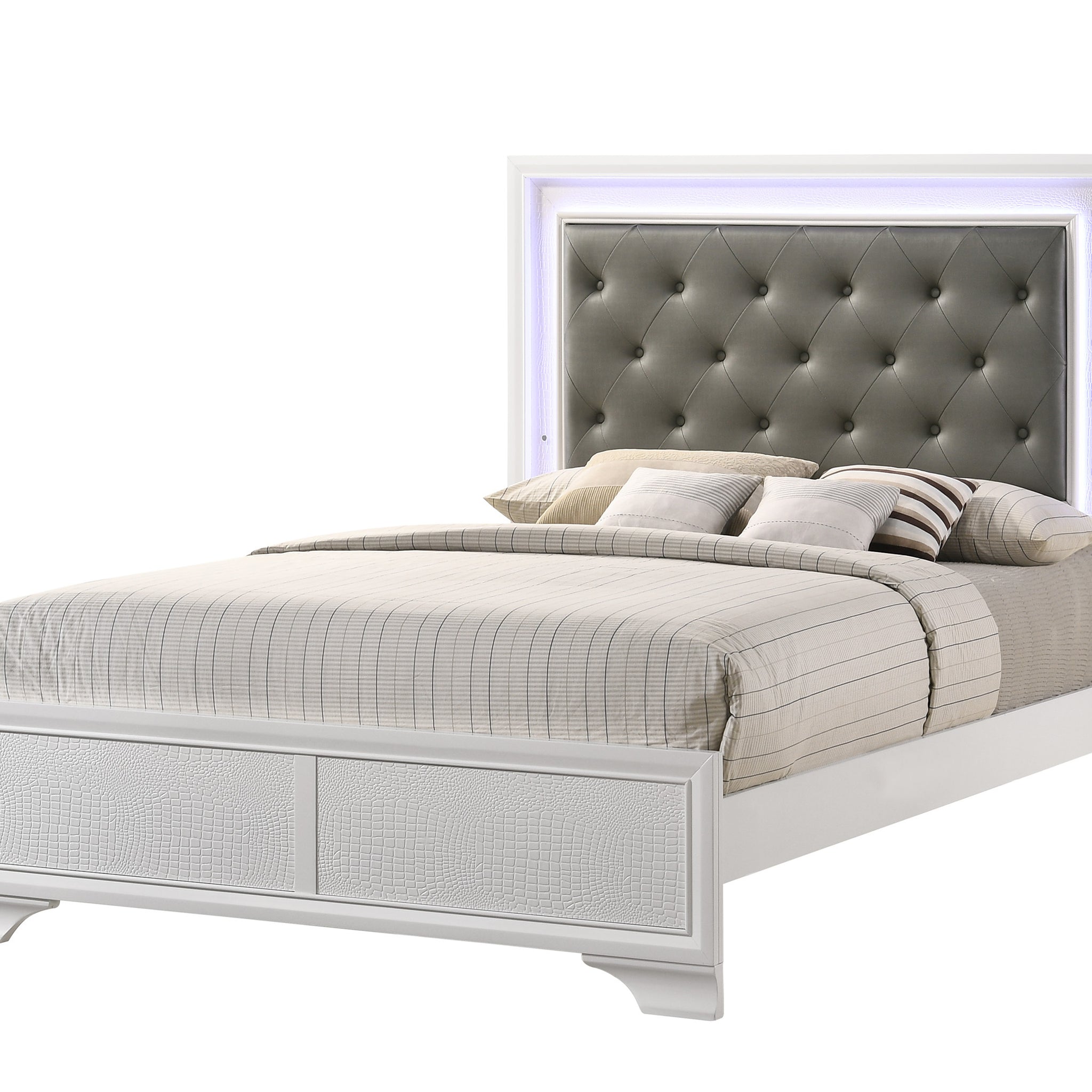 Modern White Crocodile Skin Finish Upholstered 1Pc Queen Size Led Panel Bed Faux Diamond Tufted Bedroom Furniture White Solid Wood