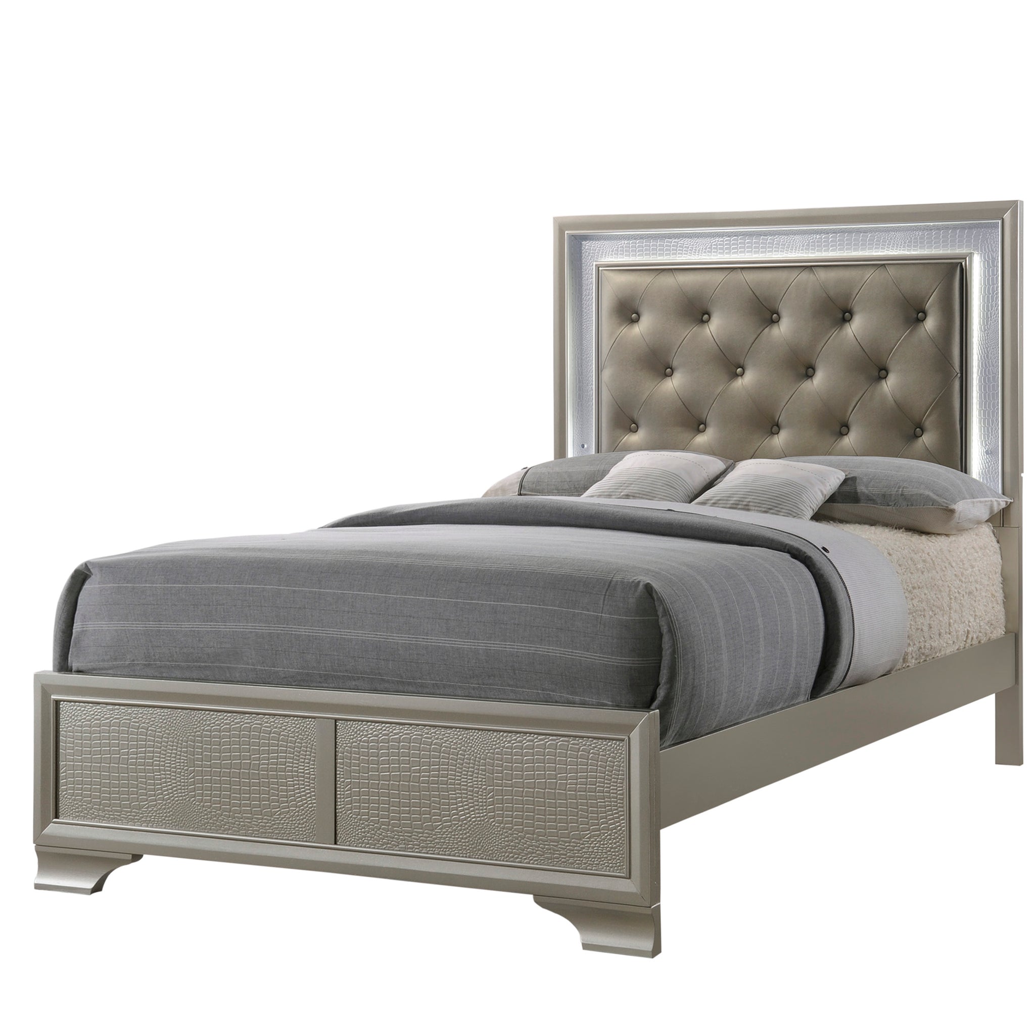 Modern Champagne Crocodile Skin Finish Upholstered 1Pc Twin Size Led Panel Bed Faux Diamond Tufted Bedroom Furniture Champagne Solid Wood