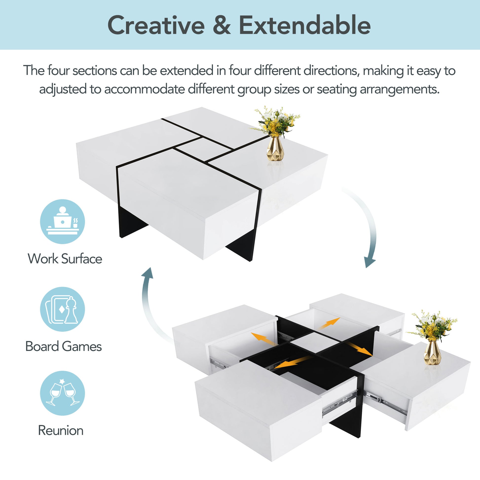 Unique Design Coffee Table With 4 Hidden Storage Compartments, Square Cocktail Table With Extendable Sliding Tabletop, Uv High Gloss Design Center Table For Living Room, 31.5"X 31.5" White Soft Close Drawers Primary Living Space Freestanding Square
