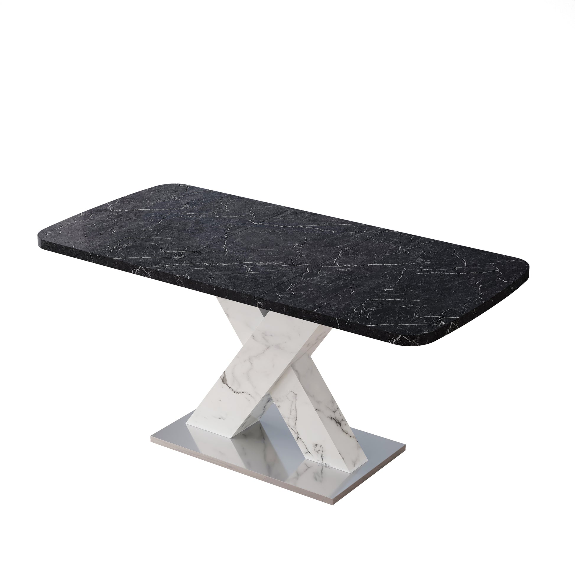 Modern Square Dining Table,Stretchable,Printed Black Marble Table Top Mdf White X Shape Table Leg With Metal Base Black White Mdf Steel