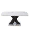 Modern Square Dining Table, Stretchable, Printed White Marble Table Top Mdf Black X Shape Table Leg With Metal Base White Black Mdf Steel