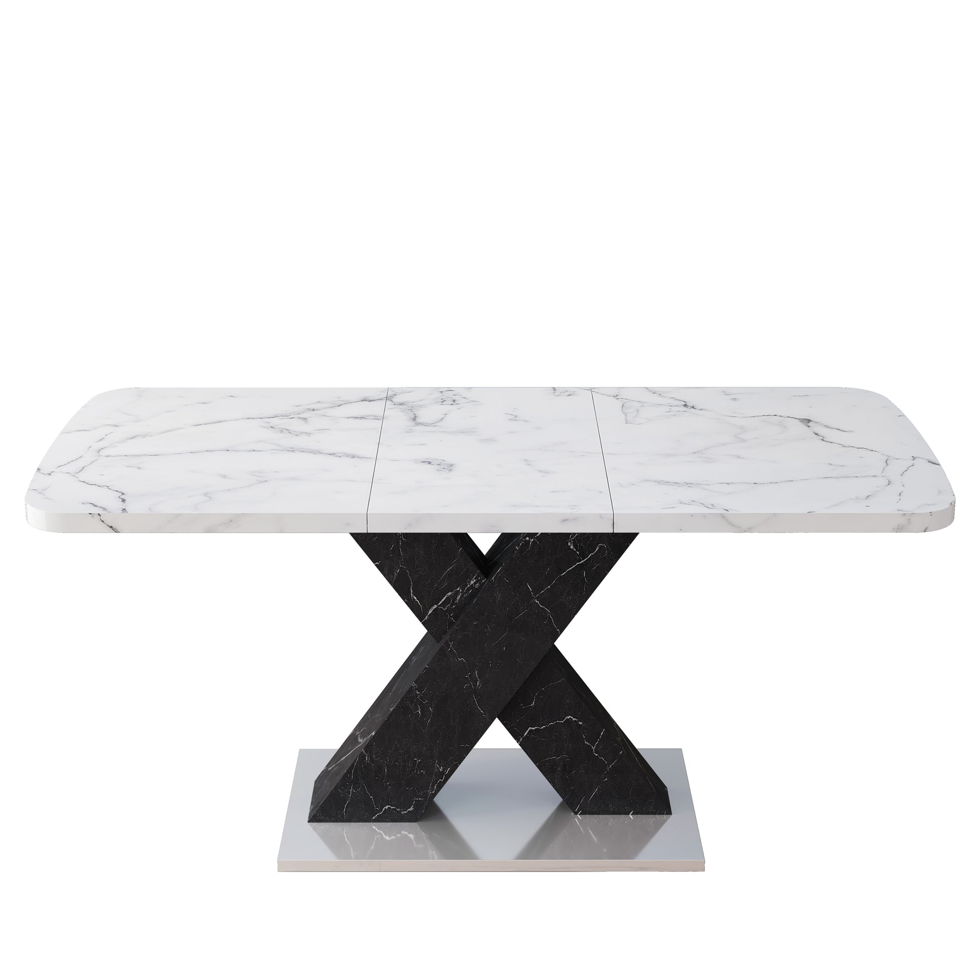 Modern Square Dining Table, Stretchable, Printed White Marble Table Top Mdf Black X Shape Table Leg With Metal Base White Black Mdf Steel