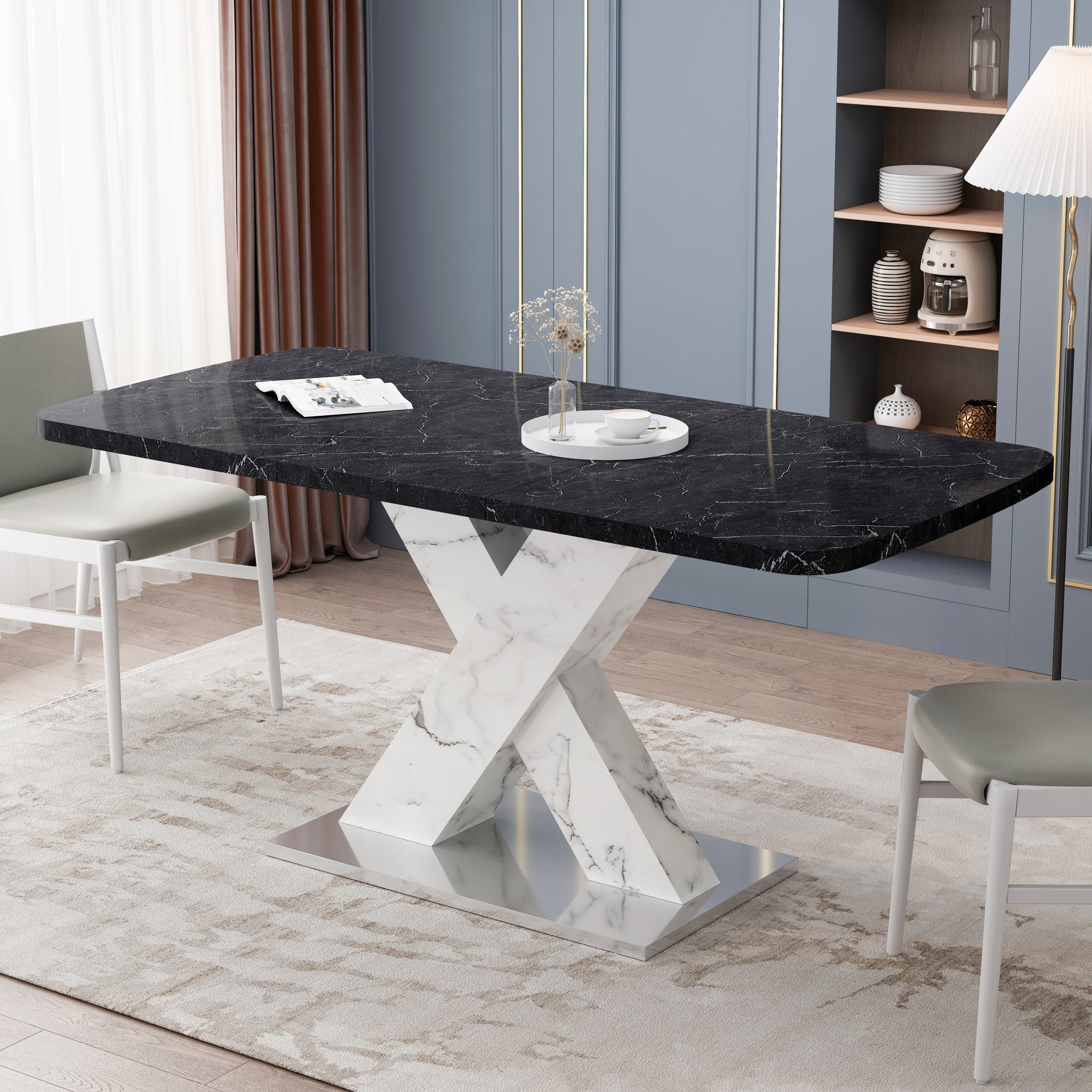 Modern Square Dining Table,Stretchable,Printed Black Marble Table Top Mdf White X Shape Table Leg With Metal Base Black White Mdf Steel