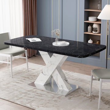 Modern Square Dining Table,Stretchable,Printed Black Marble Table Top Mdf White X Shape Table Leg With Metal Base Black White Mdf Steel