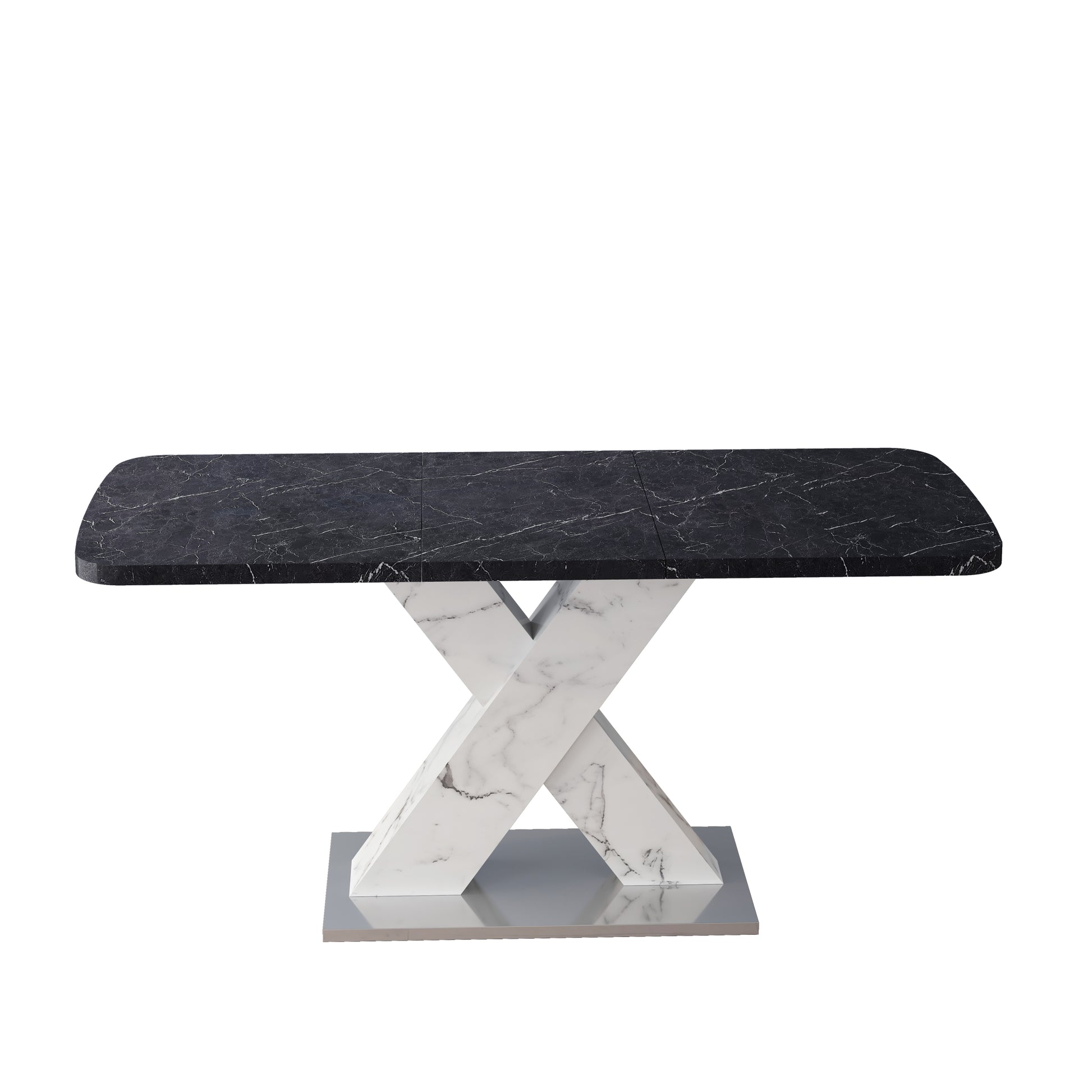 Modern Square Dining Table,Stretchable,Printed Black Marble Table Top Mdf White X Shape Table Leg With Metal Base Black White Mdf Steel