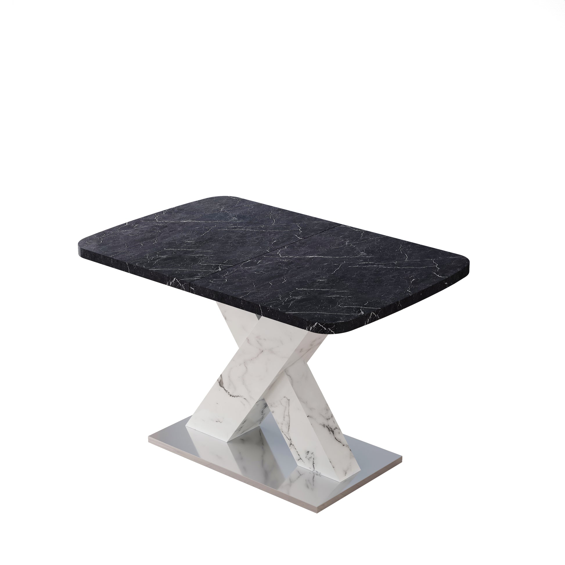 Modern Square Dining Table,Stretchable,Printed Black Marble Table Top Mdf White X Shape Table Leg With Metal Base Black White Mdf Steel