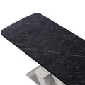 Modern Square Dining Table,Stretchable,Printed Black Marble Table Top Mdf White X Shape Table Leg With Metal Base Black White Mdf Steel