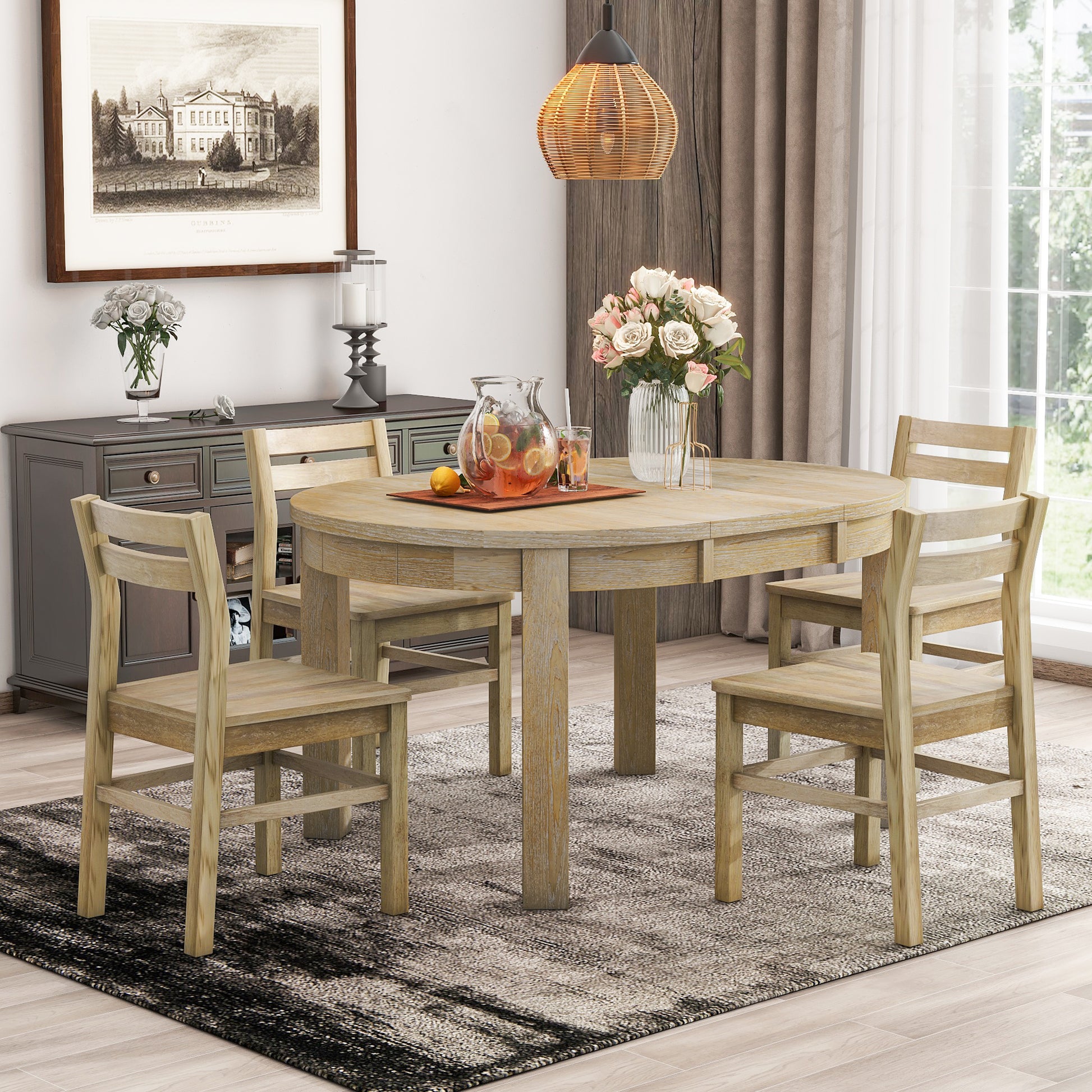 Farmhouse 5 Piece Extendable Round Dining Table Set With Storage Drawers And 4 Dining Chairs,16" Removable Leaf, Natural Wood Dining Room Extendable Rubberwood Round Dining Table With Chair Wood Wood Natural Ladder Back Seats 4 42 Inches Removable Leaf