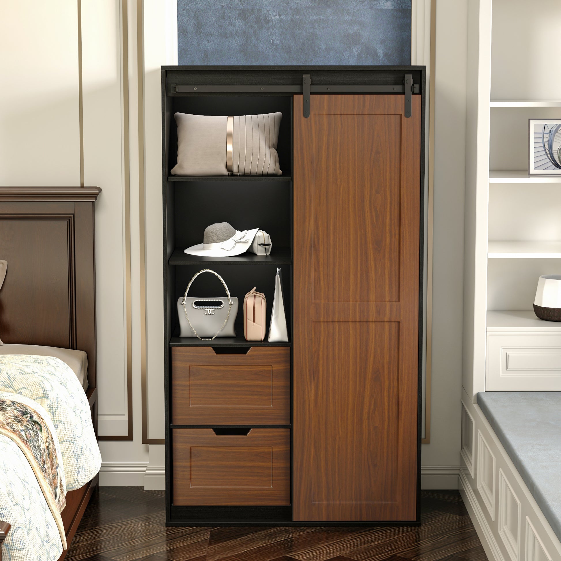 71 Inch Closets,Large Closetslaundry Cabinets,Plastic Suction Process,Farmslide Barndoors,Saveopenspace,Brand Hardware,Silent Slide,Can Be Used For The Bedroom,Cloakroom,Livingroom,Color:Black Brown 5 Or More Spaces Black Brown Brown Drawers Included