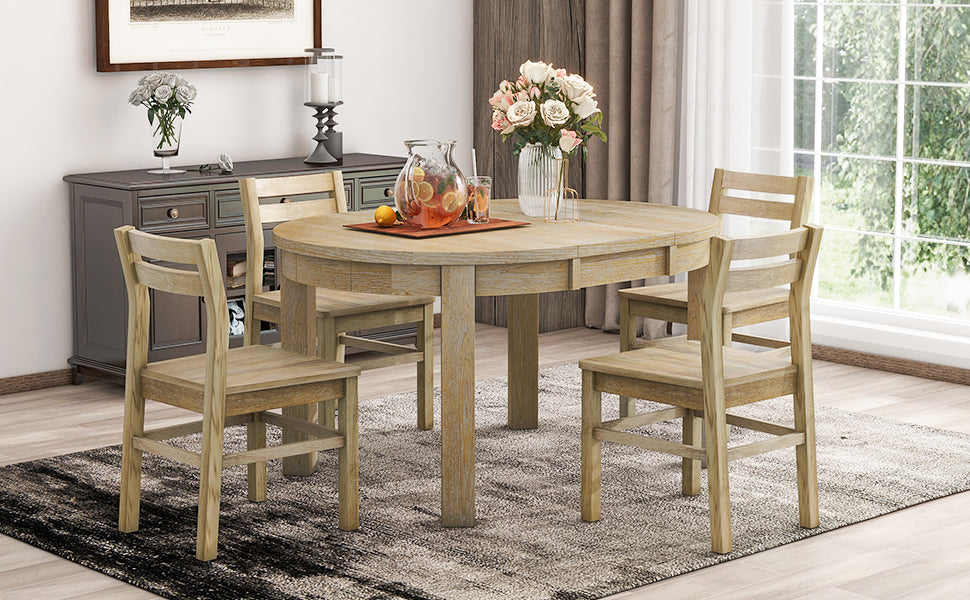 Farmhouse 5 Piece Extendable Round Dining Table Set With Storage Drawers And 4 Dining Chairs,16" Removable Leaf, Natural Wood Dining Room Extendable Rubberwood Round Dining Table With Chair Wood Wood Natural Ladder Back Seats 4 42 Inches Removable Leaf