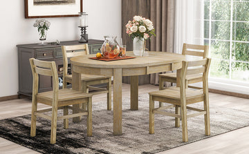 Farmhouse 5 Piece Extendable Round Dining Table Set With Storage Drawers And 4 Dining Chairs,16" Removable Leaf, Natural Wood Dining Room Extendable Rubberwood Round Dining Table With Chair Wood Wood Natural Ladder Back Seats 4 42 Inches Removable Leaf