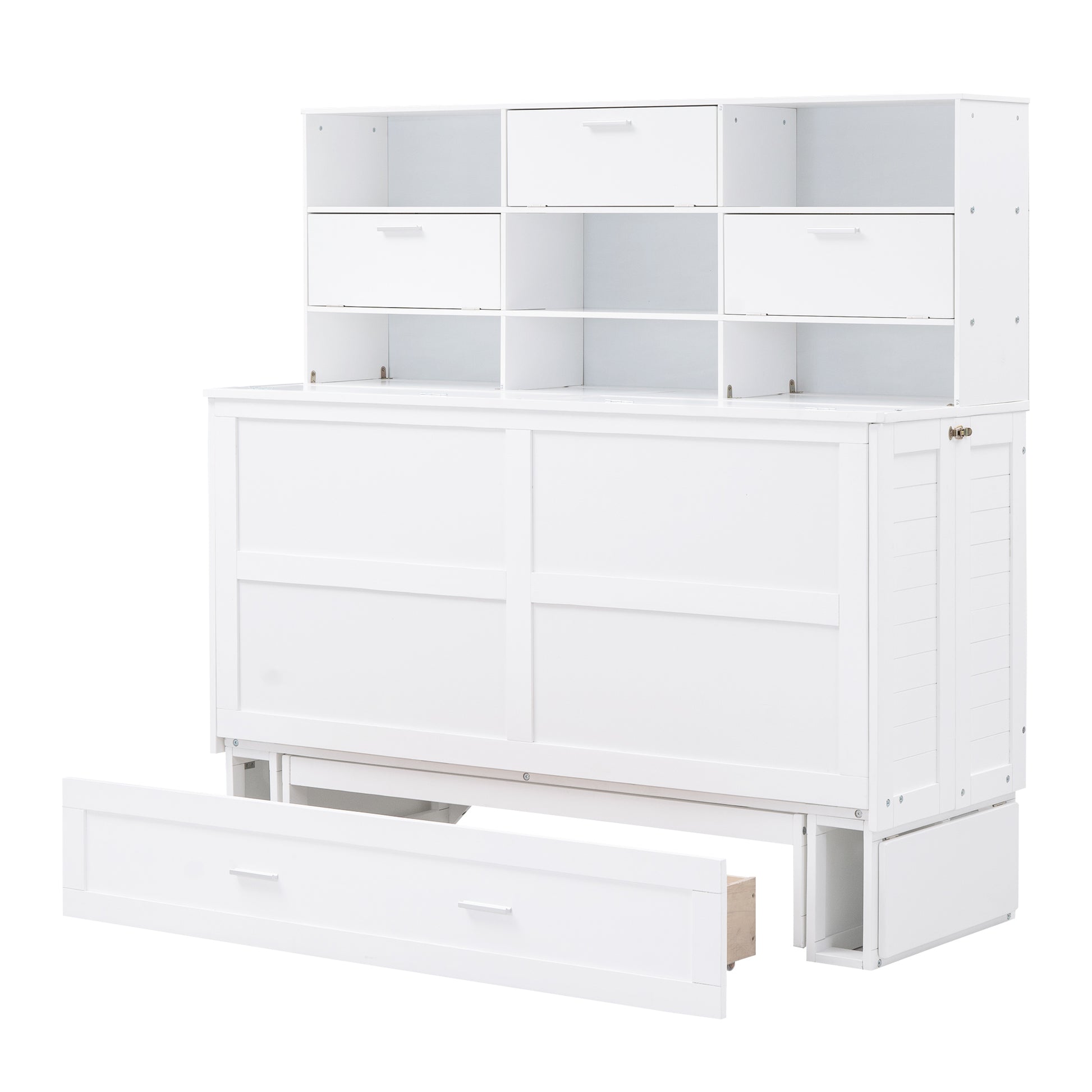 Queen Size Murphy Bed With Bookcase, Bedside Shelves And A Big Drawer, White White Solid Wood Mdf