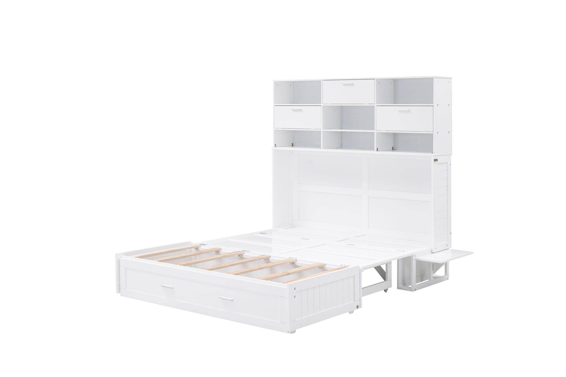 Queen Size Murphy Bed With Bookcase, Bedside Shelves And A Big Drawer, White White Solid Wood Mdf