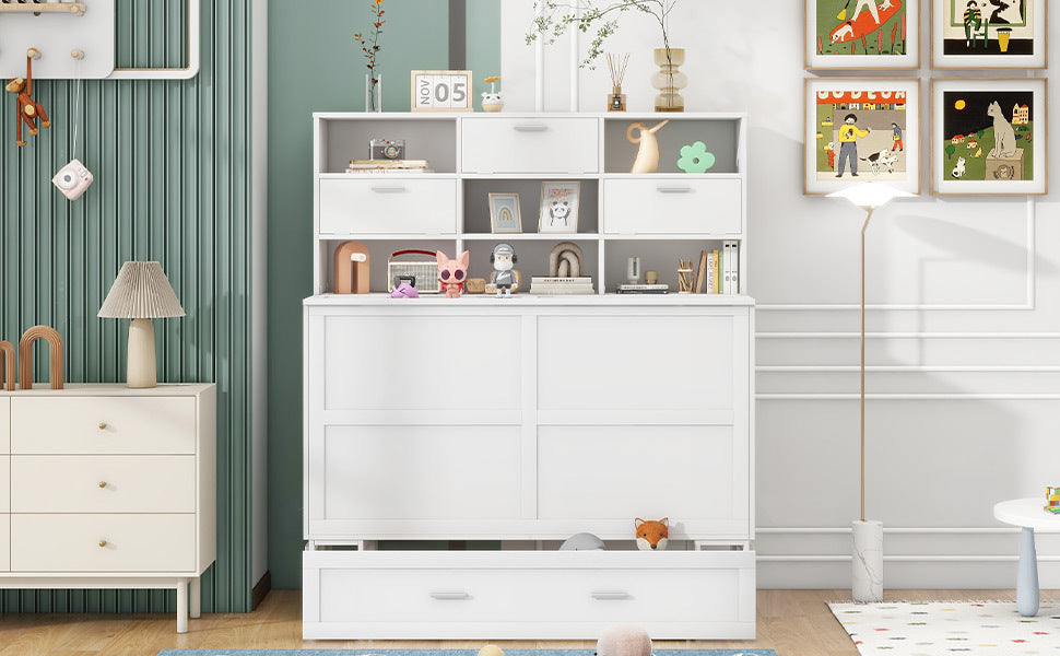 Queen Size Murphy Bed With Bookcase, Bedside Shelves And A Big Drawer, White White Solid Wood Mdf