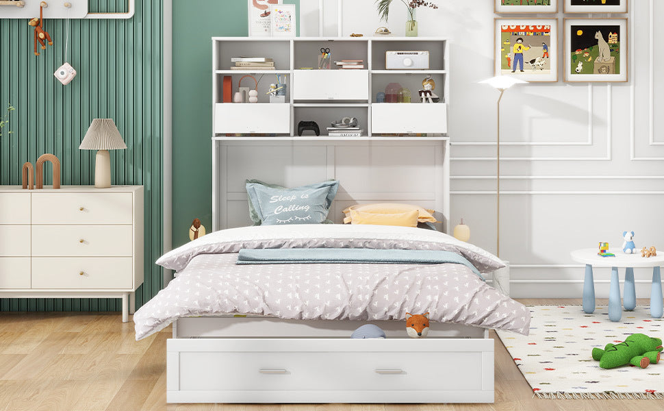 Queen Size Murphy Bed With Bookcase, Bedside Shelves And A Big Drawer, White White Solid Wood Mdf