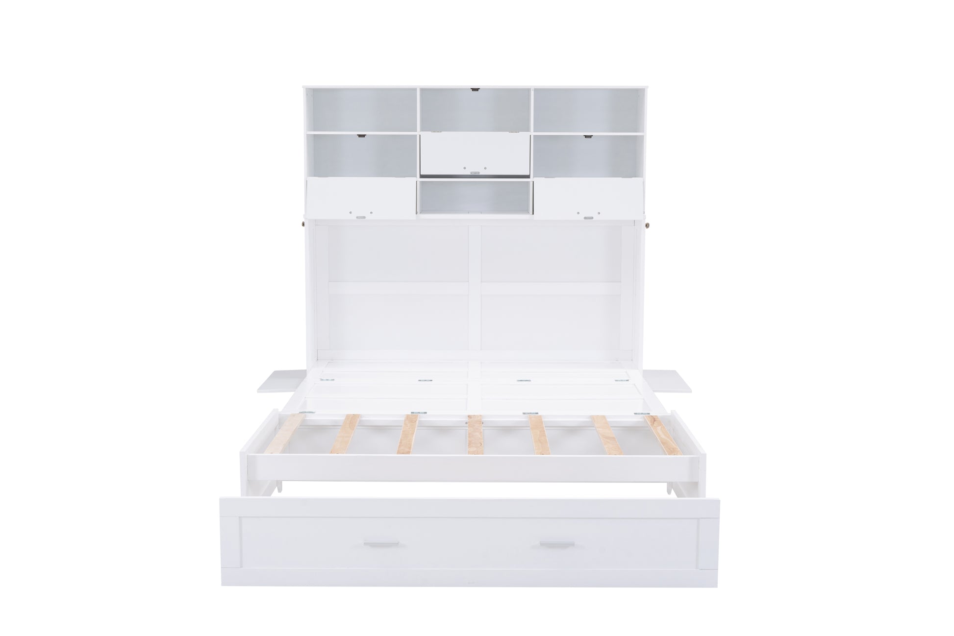 Queen Size Murphy Bed With Bookcase, Bedside Shelves And A Big Drawer, White White Solid Wood Mdf