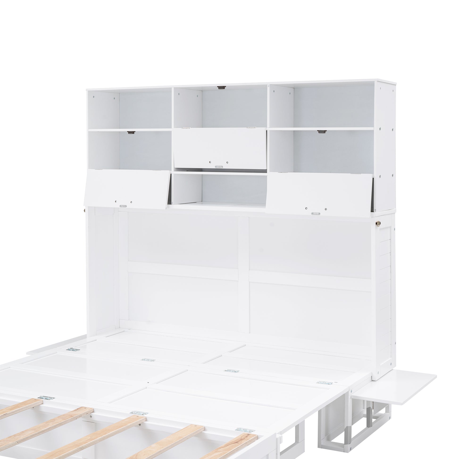 Queen Size Murphy Bed With Bookcase, Bedside Shelves And A Big Drawer, White White Solid Wood Mdf