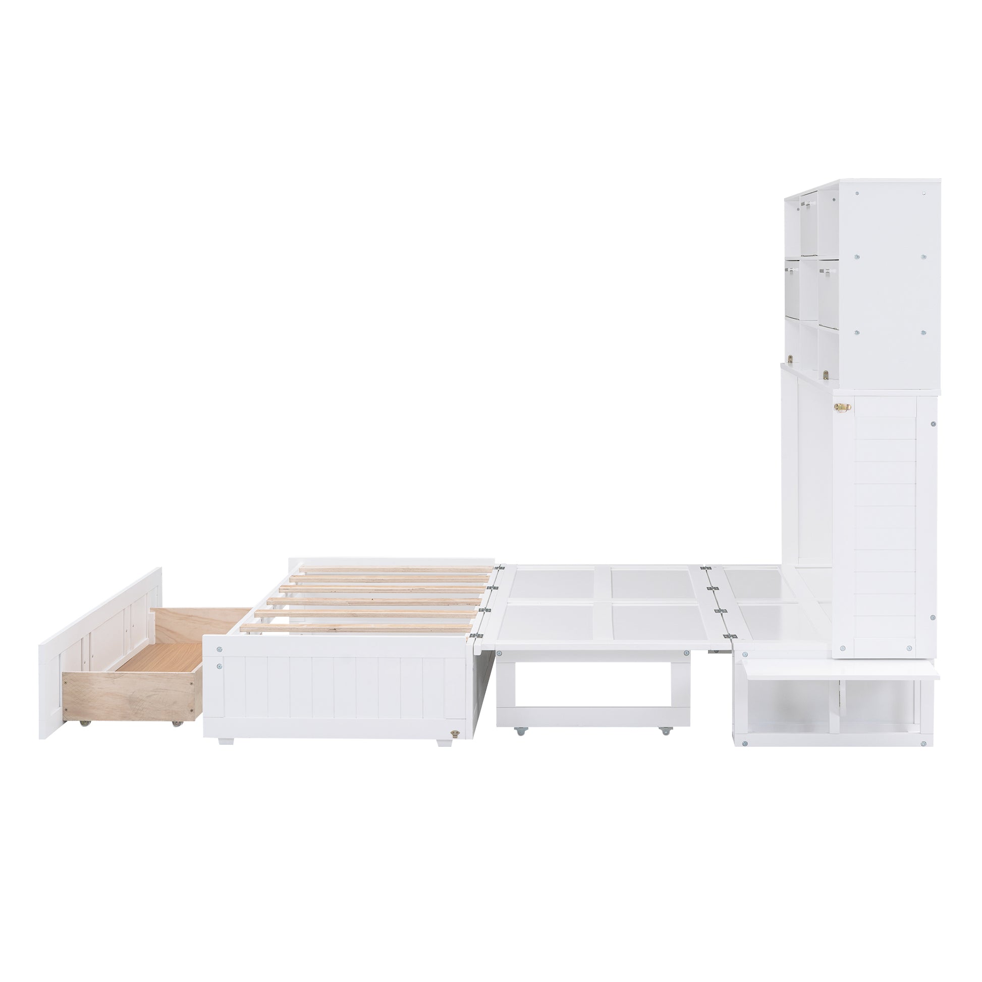 Queen Size Murphy Bed With Bookcase, Bedside Shelves And A Big Drawer, White White Solid Wood Mdf