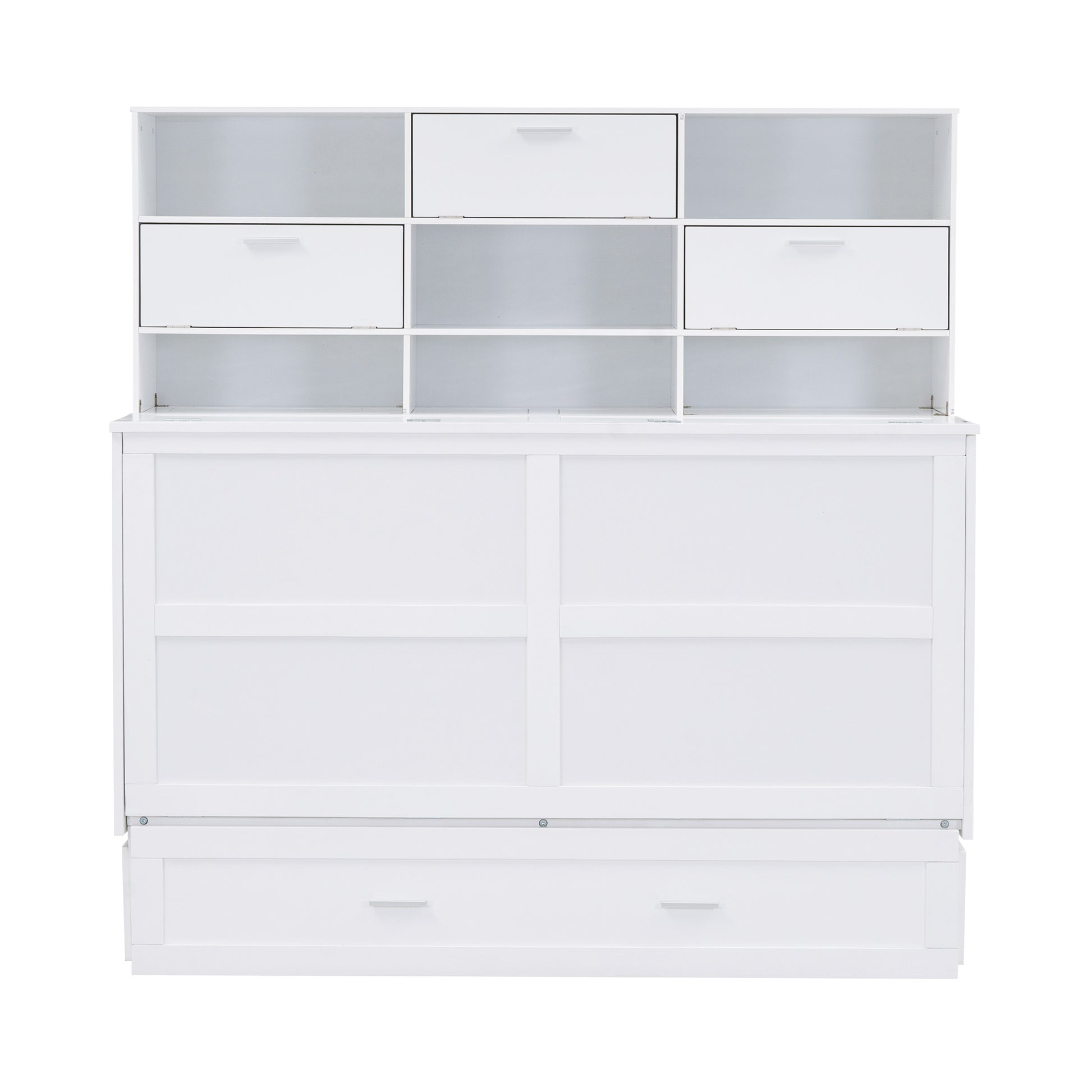 Queen Size Murphy Bed With Bookcase, Bedside Shelves And A Big Drawer, White White Solid Wood Mdf