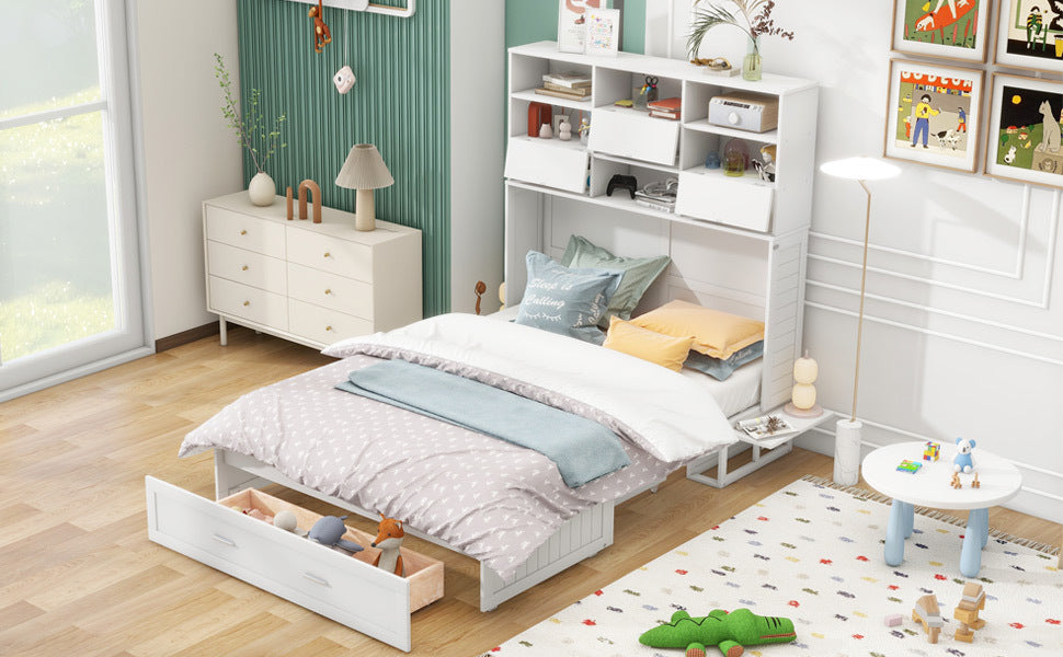 Queen Size Murphy Bed With Bookcase, Bedside Shelves And A Big Drawer, White White Solid Wood Mdf