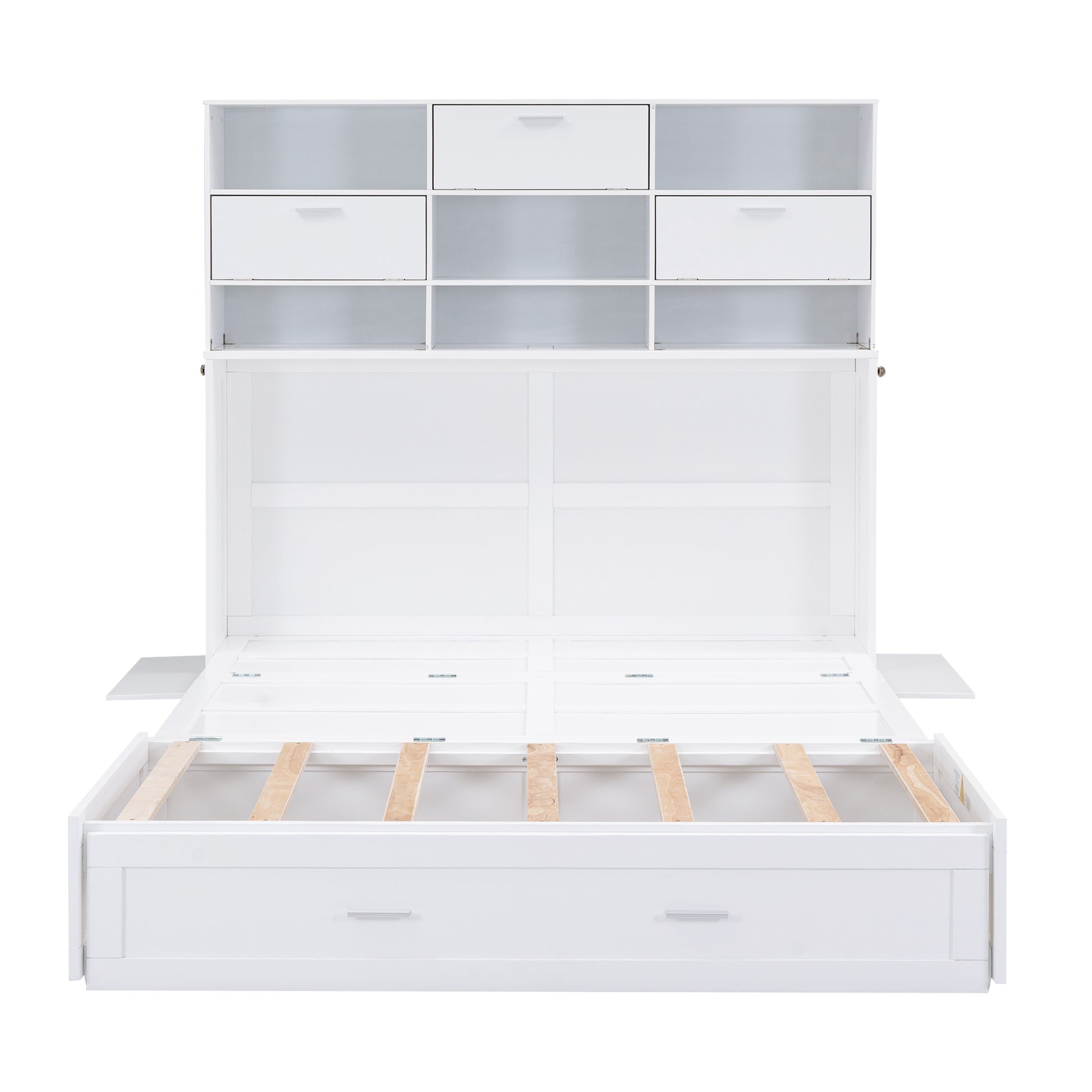 Queen Size Murphy Bed With Bookcase, Bedside Shelves And A Big Drawer, White White Solid Wood Mdf