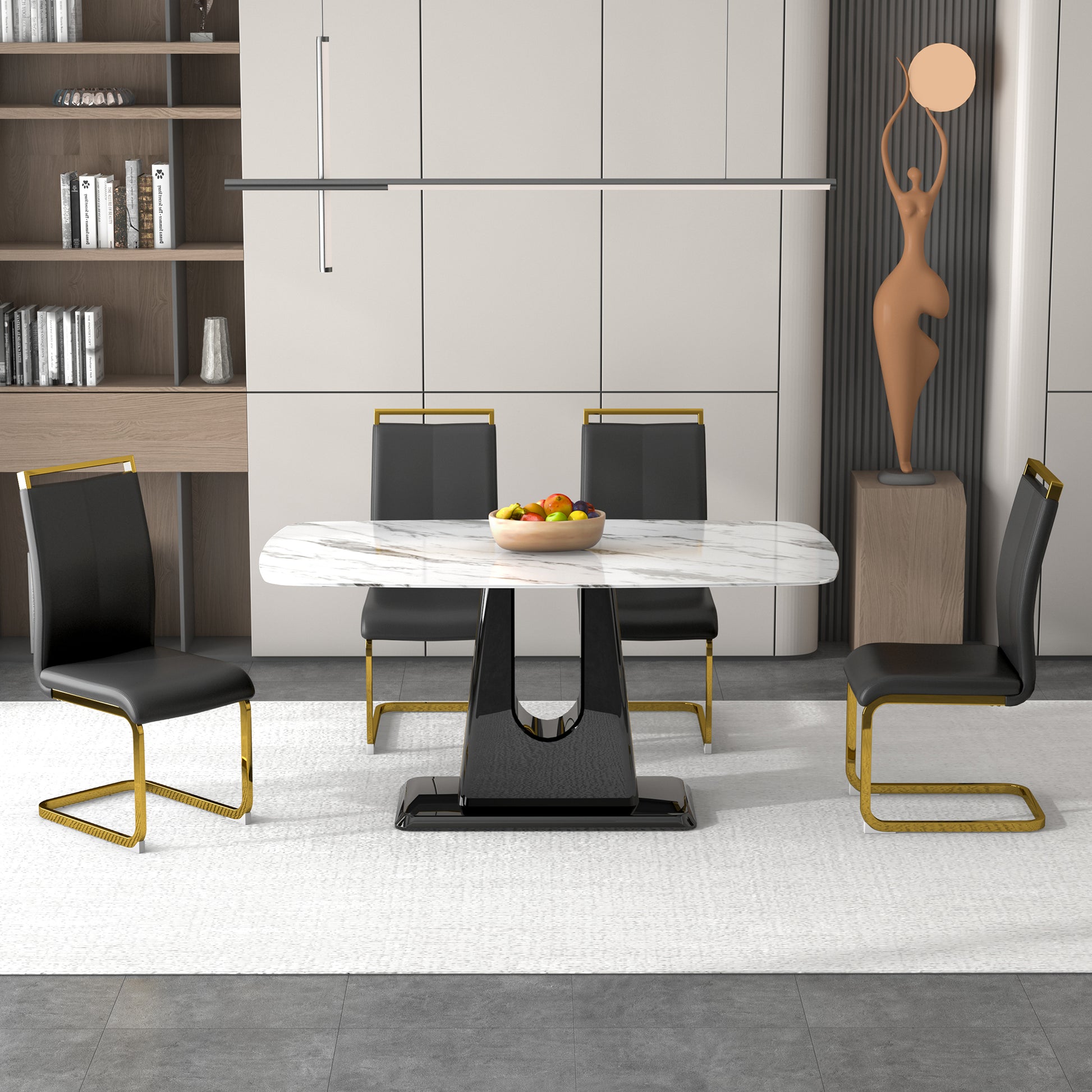 A Modern, Minimalist, And Luxurious Dining Table With A White Imitation Marble Tabletop And Mdf Legs With U Shaped Brackets. Tables In Restaurants And Living Rooms 63"*35.4"*30 F U White Mdf Glass