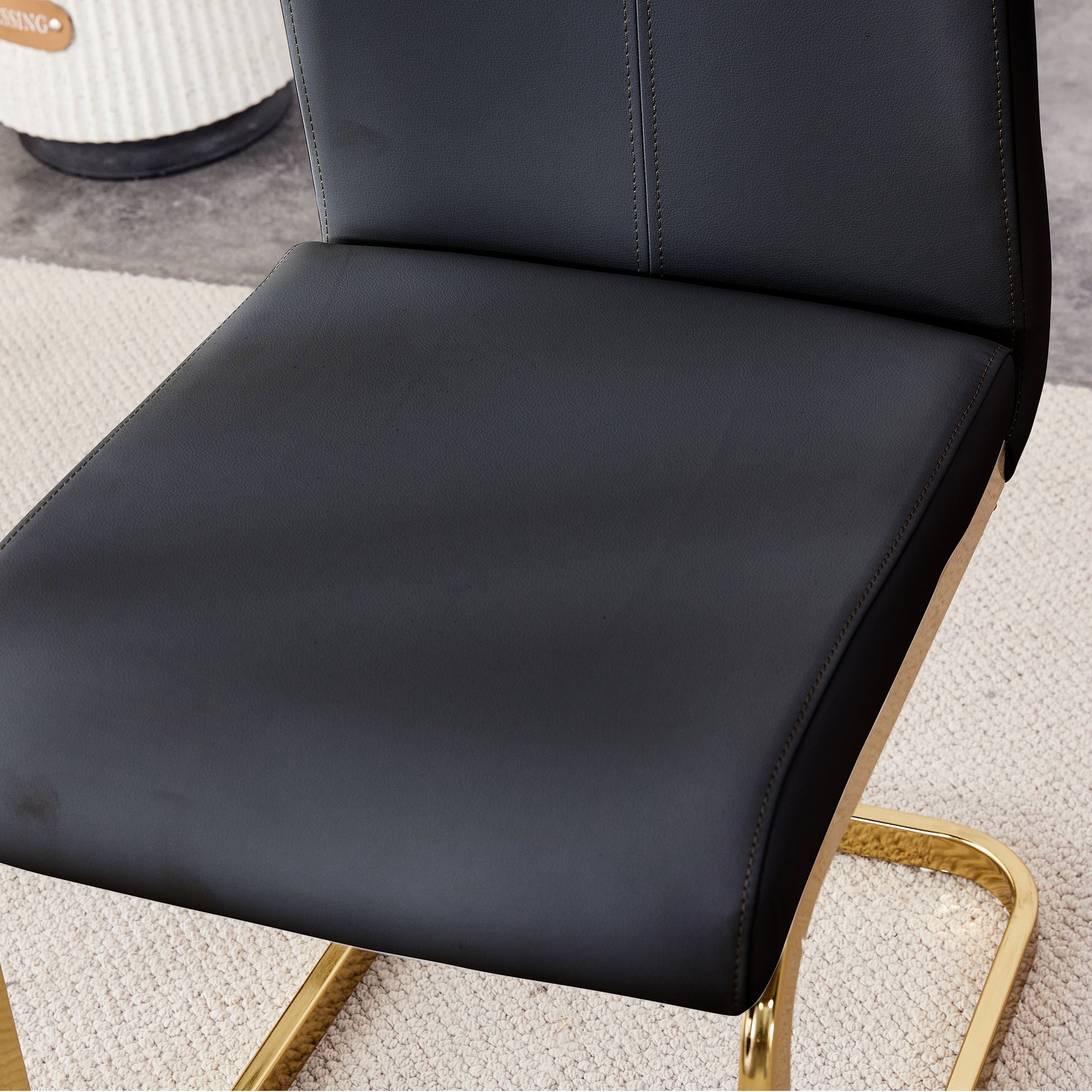 1 Table And 6 Chairs. Modern, Simple And Luxurious White Imitation Marble Rectangular Dining Table And Desk With 6 Black Pu Gold Plated Leg Chairs 63'' X 35.4'' X 30'' White Black Mdf