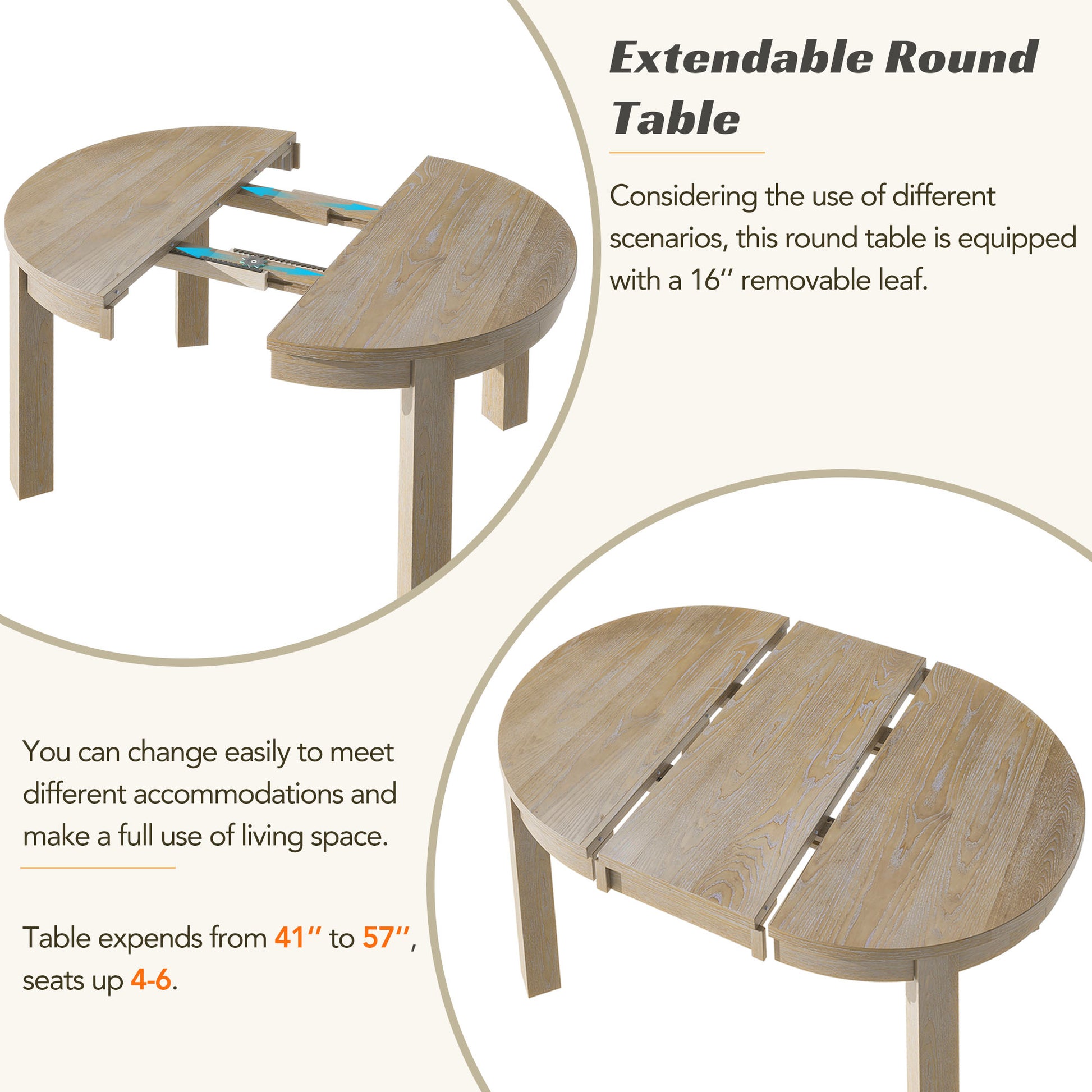 Farmhouse 5 Piece Extendable Round Dining Table Set With Storage Drawers And 4 Dining Chairs,16" Removable Leaf, Natural Wood Dining Room Extendable Rubberwood Round Dining Table With Chair Wood Wood Natural Ladder Back Seats 4 42 Inches Removable Leaf