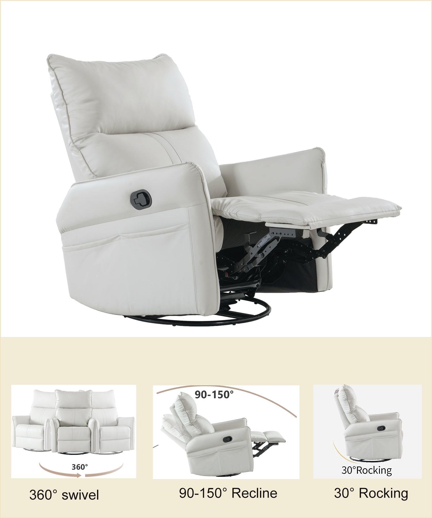 Rocking Recliner Chair,360 Degree Swivel Nursery Rocking Chair,Glider Chair,Modern Small Rocking Swivel Recliner Chair For Bedroom,Living Room Chair Home Theater Seat,Side Pocket Light Gray Solid Light Brown Primary Living Space Push Button Rubberwood