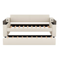 Twin Size Upholstery Daybed With Storage Arms, Trundle And Usb Design, Beige Box Spring Not Required Twin Beige Wood Upholstered