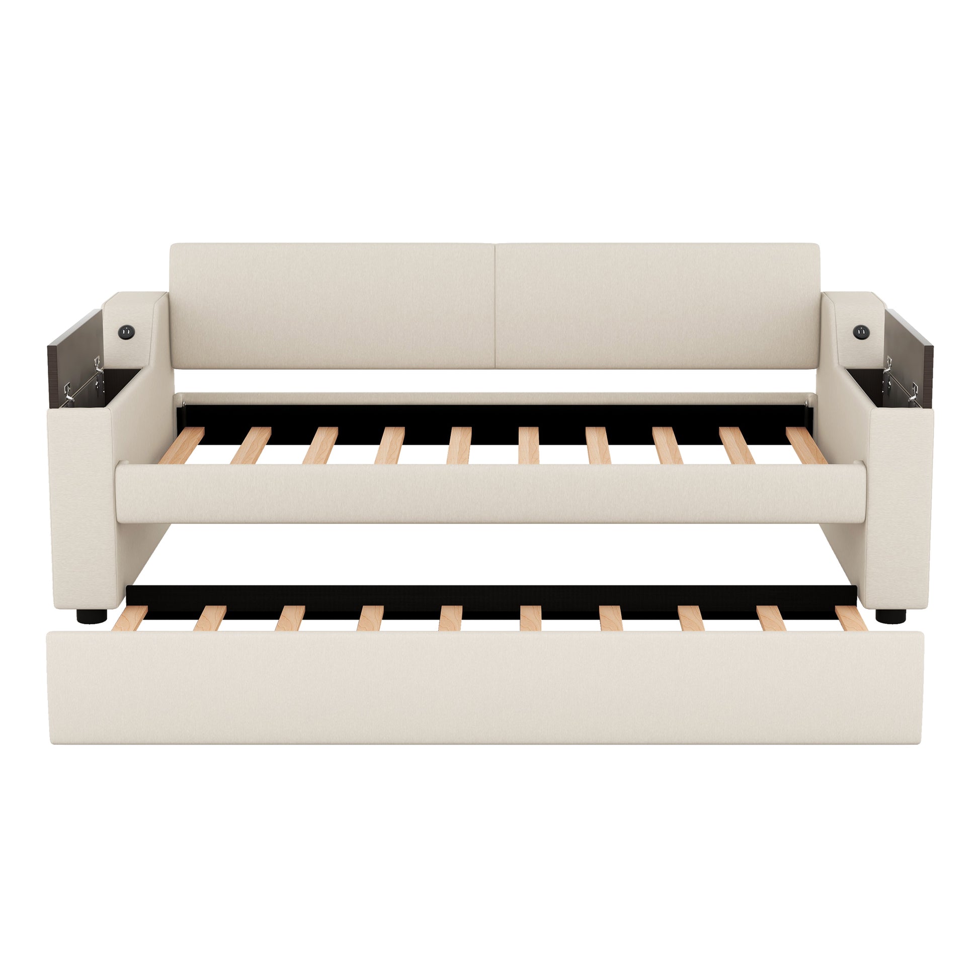 Twin Size Upholstery Daybed With Storage Arms, Trundle And Usb Design, Beige Box Spring Not Required Twin Beige Wood Upholstered