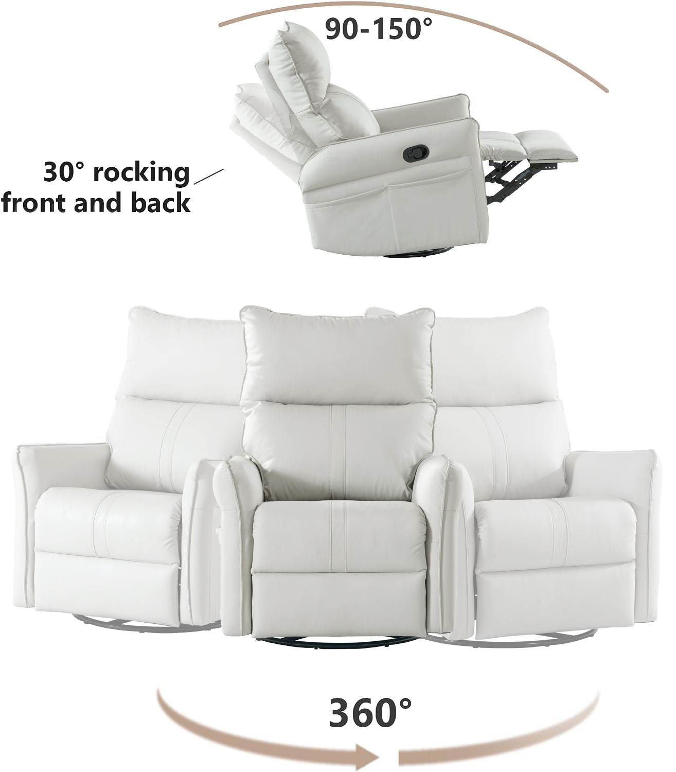 Rocking Recliner Chair,360 Degree Swivel Nursery Rocking Chair,Glider Chair,Modern Small Rocking Swivel Recliner Chair For Bedroom,Living Room Chair Home Theater Seat,Side Pocket Light Gray Solid Light Brown Primary Living Space Push Button Rubberwood
