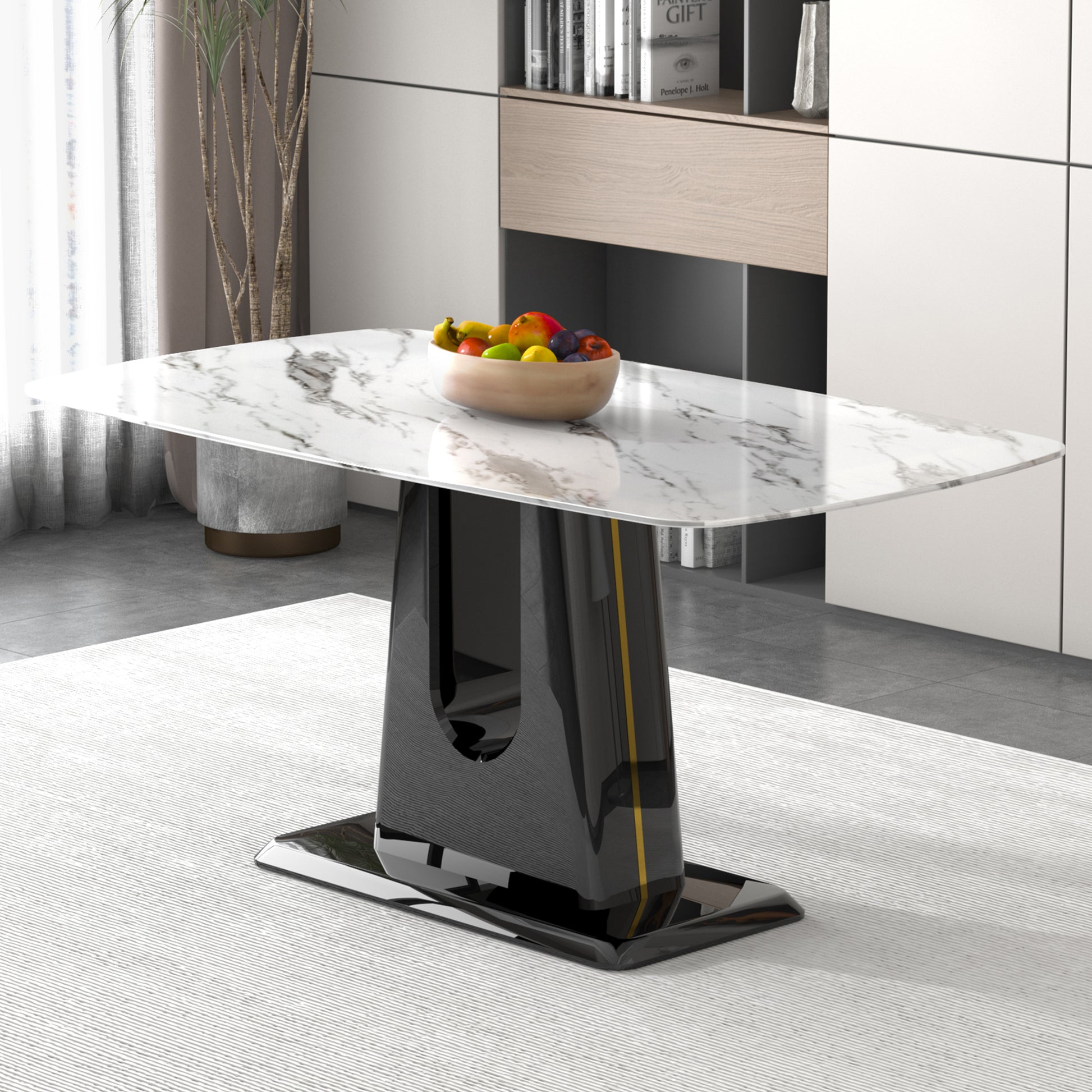 A Modern, Minimalist, And Luxurious Dining Table With A White Imitation Marble Tabletop And Mdf Legs With U Shaped Brackets. Tables In Restaurants And Living Rooms 63"*35.4"*30 F U White Mdf Glass