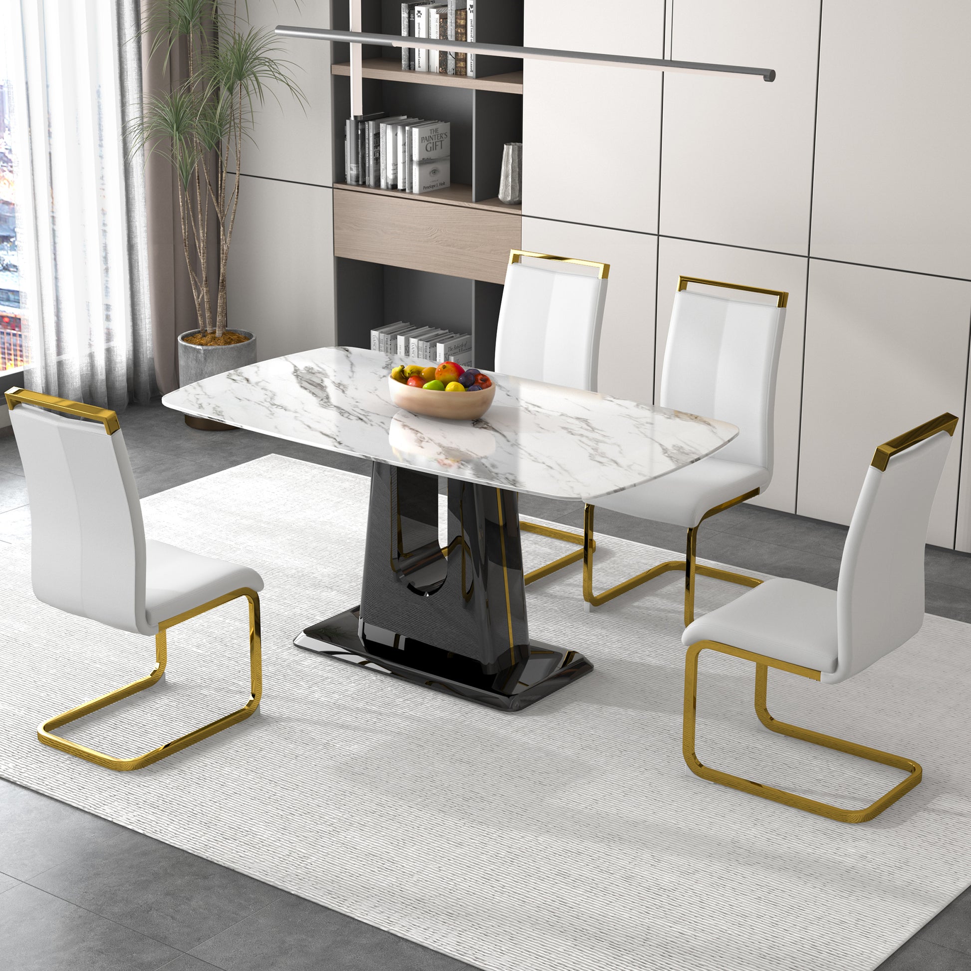 1 Table And 4 Chairs. Modern, Simple And Luxurious White Imitation Marble Rectangular Dining Table And Desk With 4 White Pu Gold Plated Leg Chairs 63'' X 35.4'' X 30'' White Black Mdf