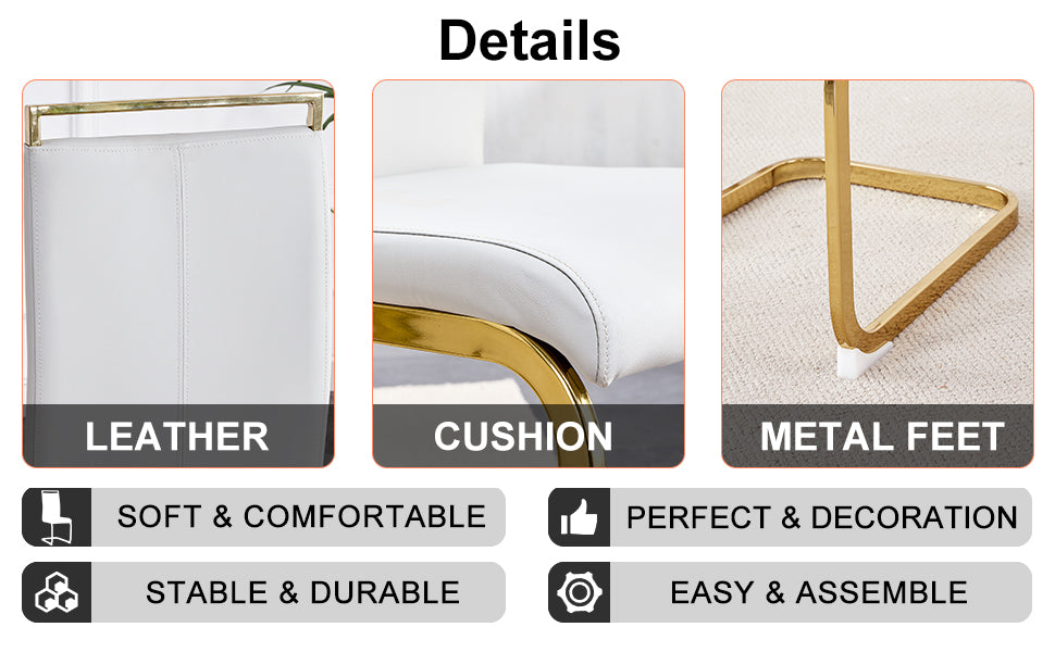 1 Table And 4 Chairs. Modern, Simple And Luxurious White Imitation Marble Rectangular Dining Table And Desk With 4 White Pu Gold Plated Leg Chairs 63'' X 35.4'' X 30'' White Black Mdf