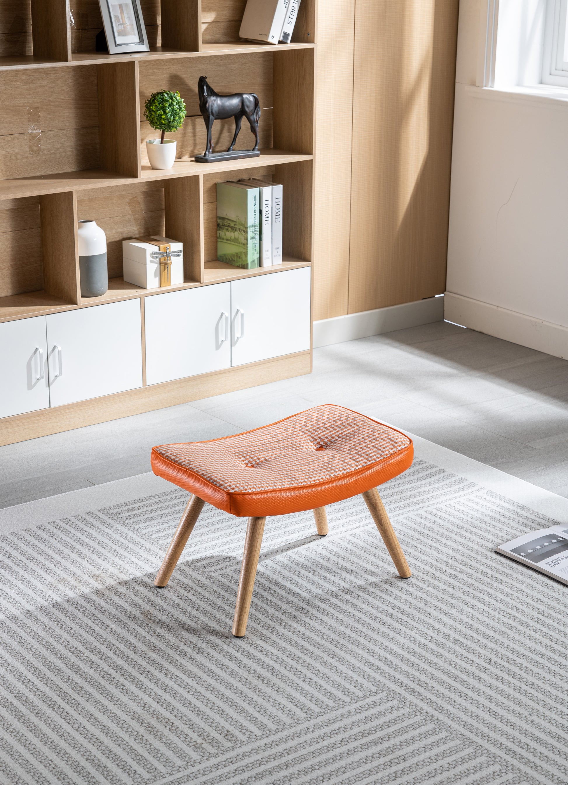 Wooden Step Ottoman,Wooden Step Stool For Adults,Square Cushion Foot Stool,Small Stool With Non Slip Pad,Wood Stool Suitable For Bedroom, Living Room And Kitchen Orange Orange Foam Cotton Linen