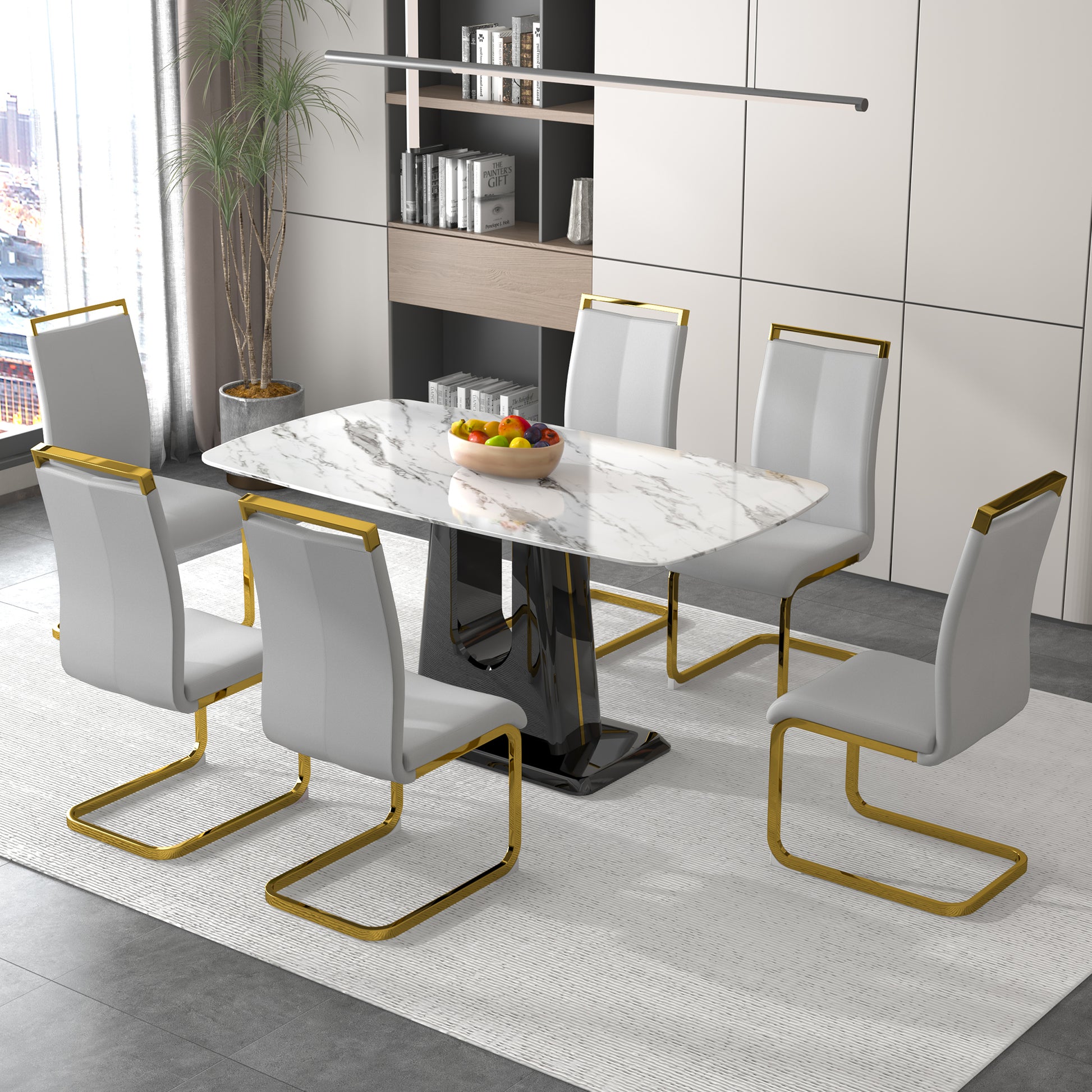 A Modern, Minimalist, And Luxurious Dining Table With A White Imitation Marble Tabletop And Mdf Legs With U Shaped Brackets. Tables In Restaurants And Living Rooms 63"*35.4"*30 F U White Mdf Glass
