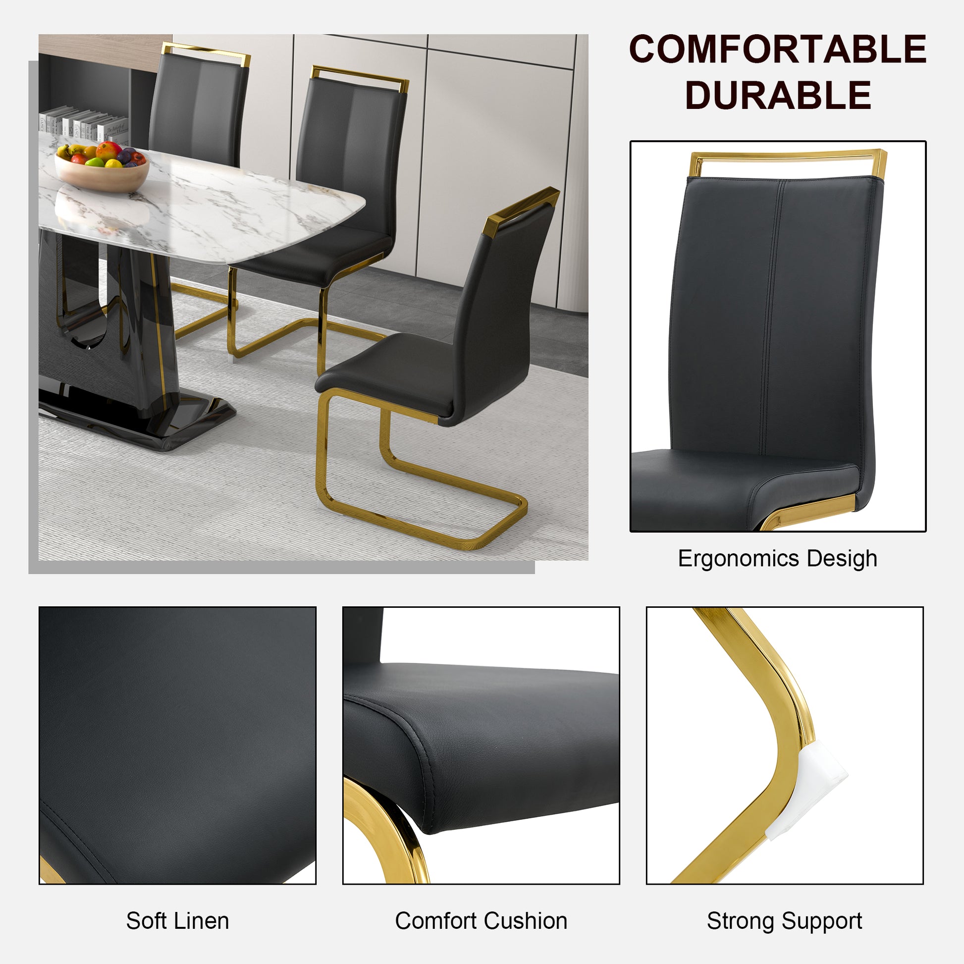 1 Table And 6 Chairs. Modern, Simple And Luxurious White Imitation Marble Rectangular Dining Table And Desk With 6 Black Pu Gold Plated Leg Chairs 63'' X 35.4'' X 30'' White Black Mdf