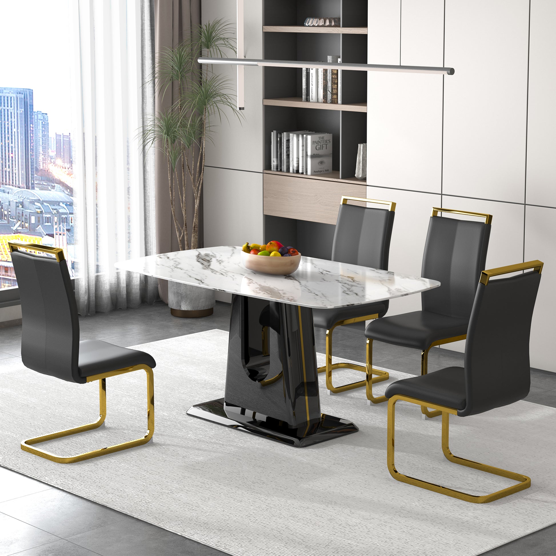A Modern, Minimalist, And Luxurious Dining Table With A White Imitation Marble Tabletop And Mdf Legs With U Shaped Brackets. Tables In Restaurants And Living Rooms 63"*35.4"*30 F U White Mdf Glass