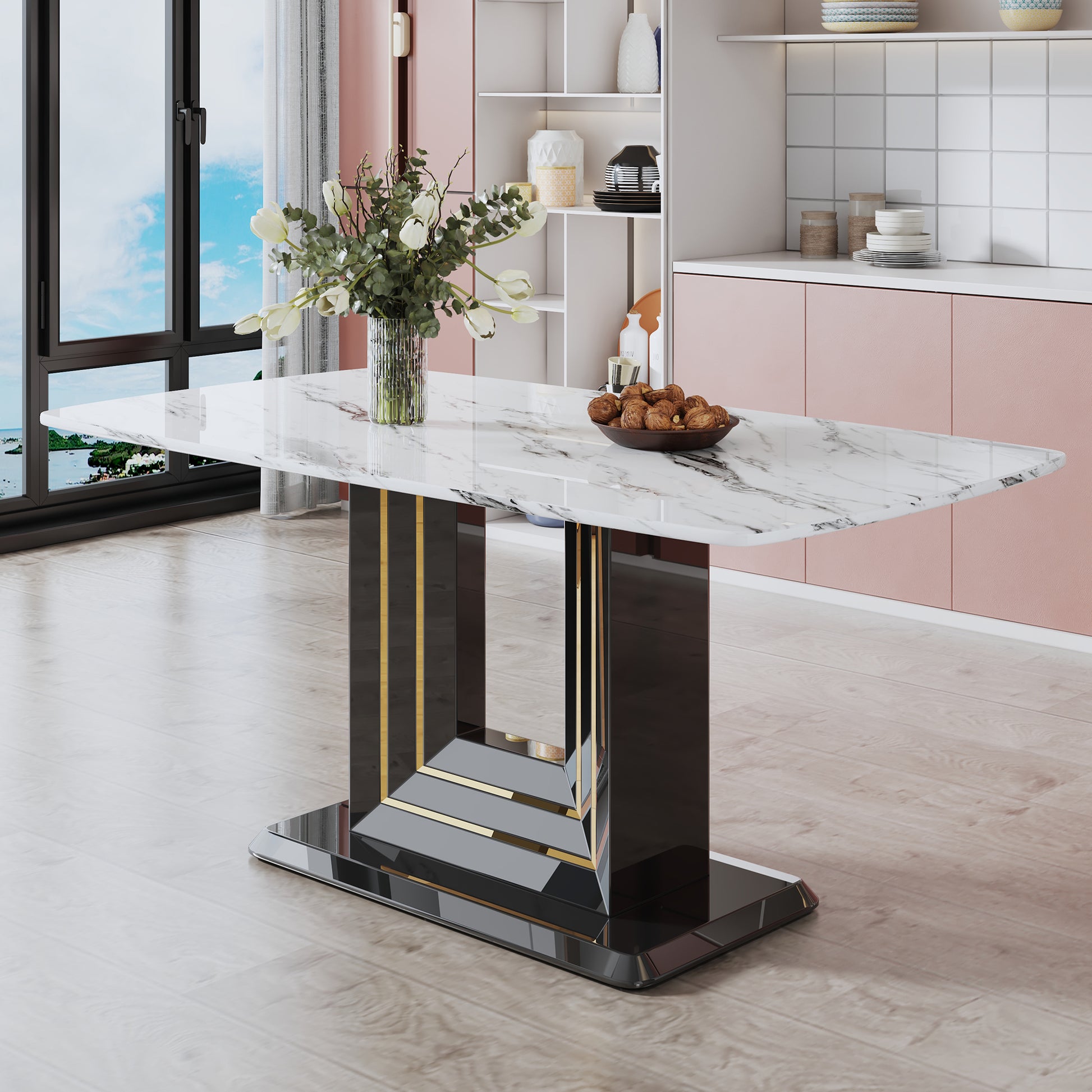 Table And Chair Set, 1 Table, 4 Pu Chairs. White Imitation Marble Pattern Desktop. Black Mdf Table Legs. Chair With Orange Deep Gray Dual Tone Pu Leather Backrest And Black Metal Legs F Sq C 007 White Mdf Glass