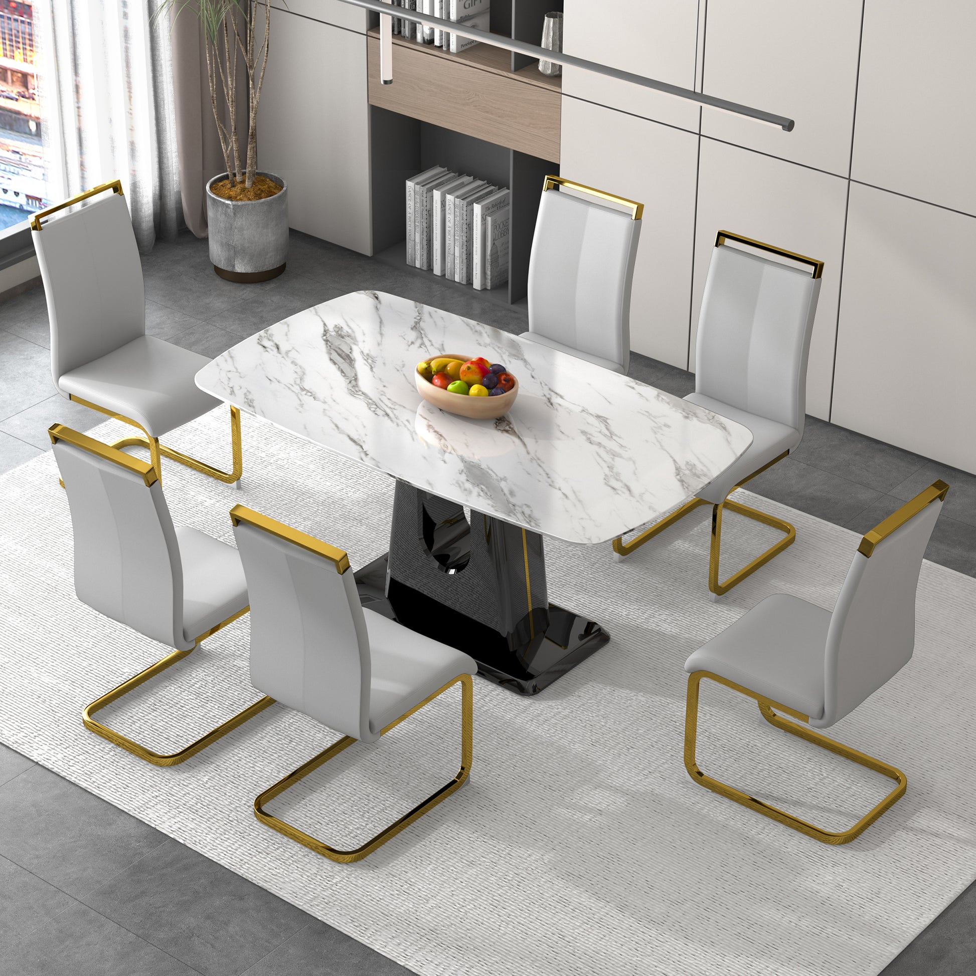 A Modern, Minimalist, And Luxurious Dining Table With A White Imitation Marble Tabletop And Mdf Legs With U Shaped Brackets. Tables In Restaurants And Living Rooms 63"*35.4"*30 F U White Mdf Glass