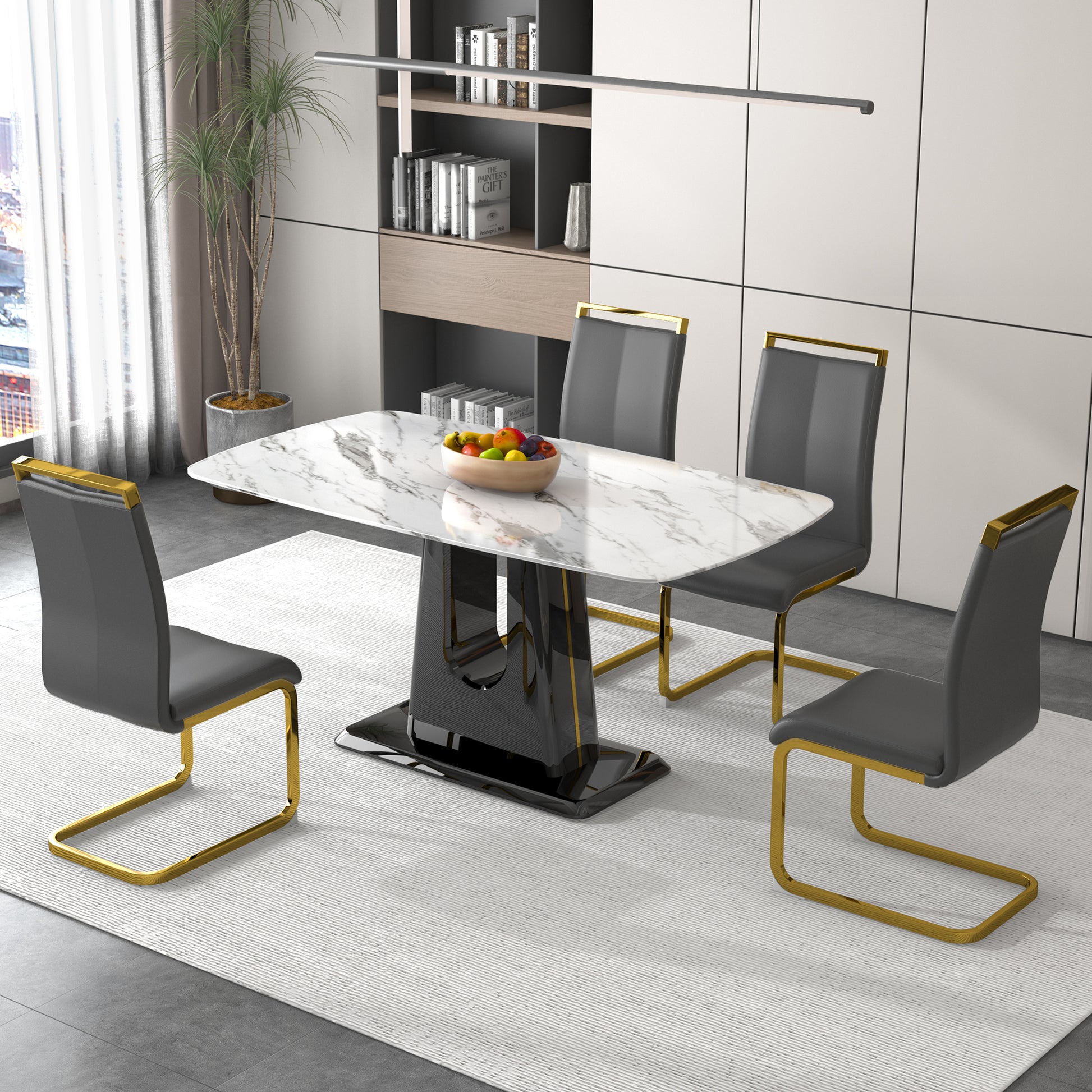 A Modern, Minimalist, And Luxurious Dining Table With A White Imitation Marble Tabletop And Mdf Legs With U Shaped Brackets. Tables In Restaurants And Living Rooms 63"*35.4"*30 F U White Mdf Glass