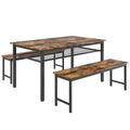 3 Pieces Farmhouse Kitchen Table Set With Two Benches, Metal Frame And Mdf Board Brown Mdf