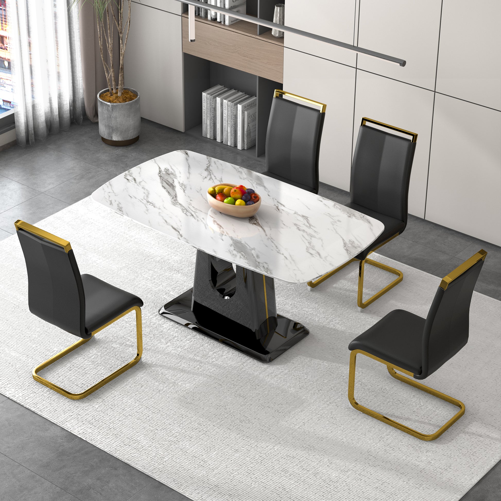 A Modern, Minimalist, And Luxurious Dining Table With A White Imitation Marble Tabletop And Mdf Legs With U Shaped Brackets. Tables In Restaurants And Living Rooms 63"*35.4"*30 F U White Mdf Glass