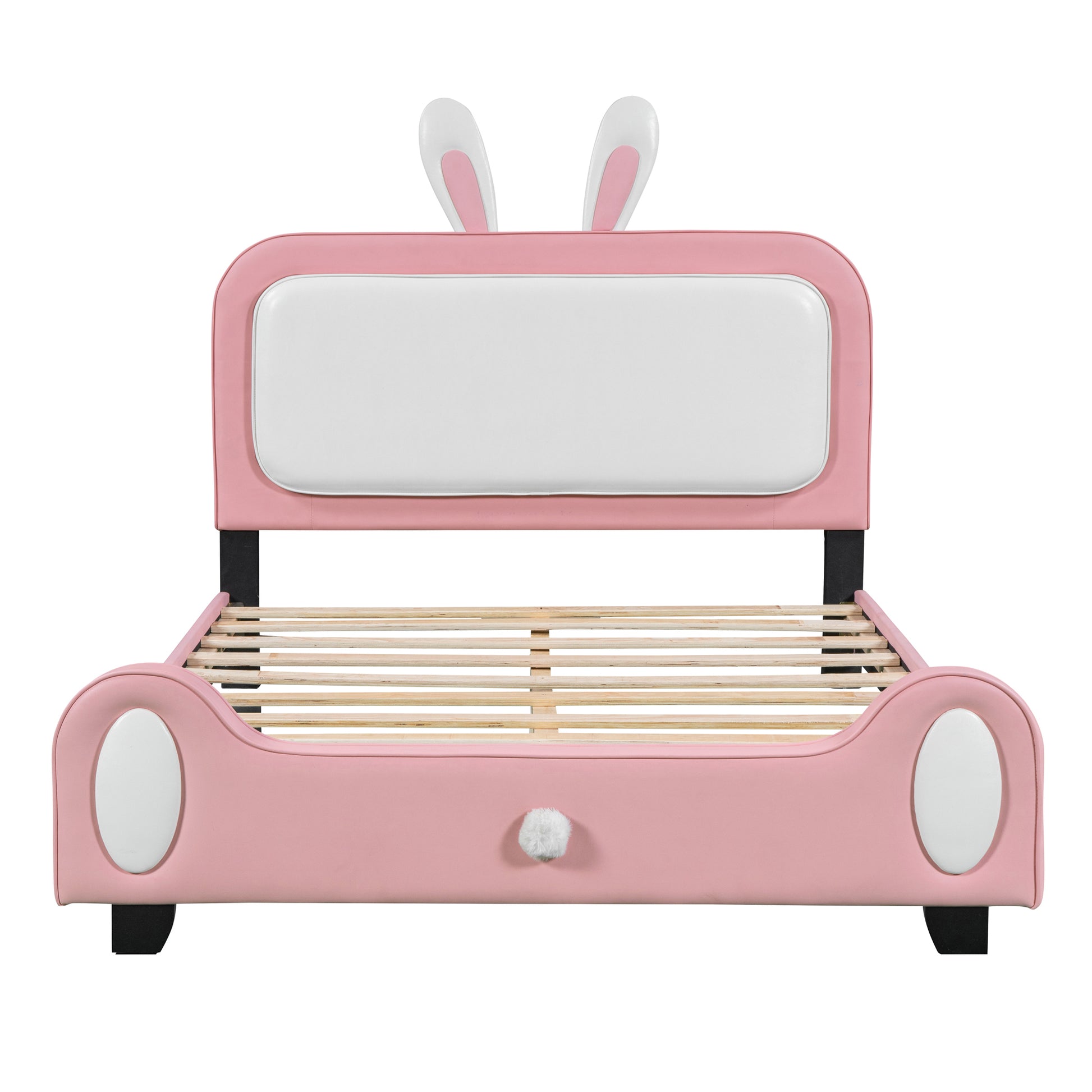 Full Size Upholstered Rabbit Shape Princess Bed ,Full Size Platform Bed With Headboard And Footboard,White Pink White Pink Pu
