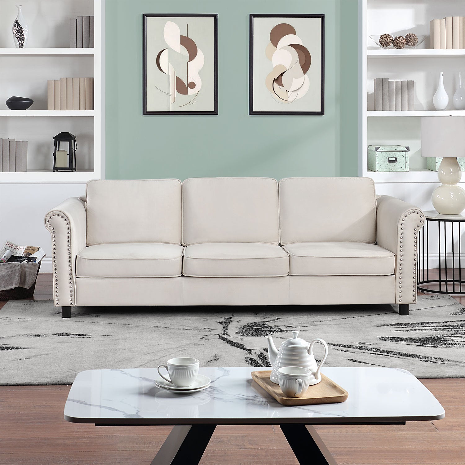 89.37" Mid Century Modern Couch Velvet Sofa Couch 3 Seater Sofa, Beige Beige Fabric