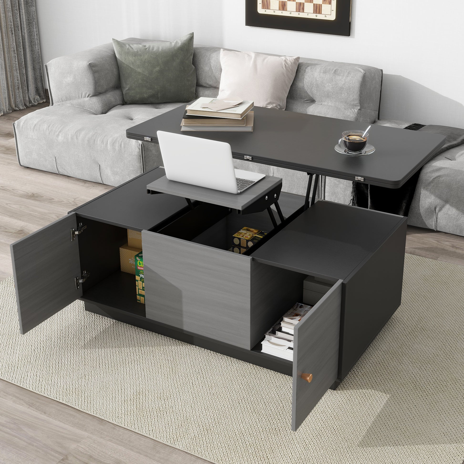 Modern Gray Multi Functional Rectangle Lift Top Coffee Table Extendable With Storage Dark Gray Mdf
