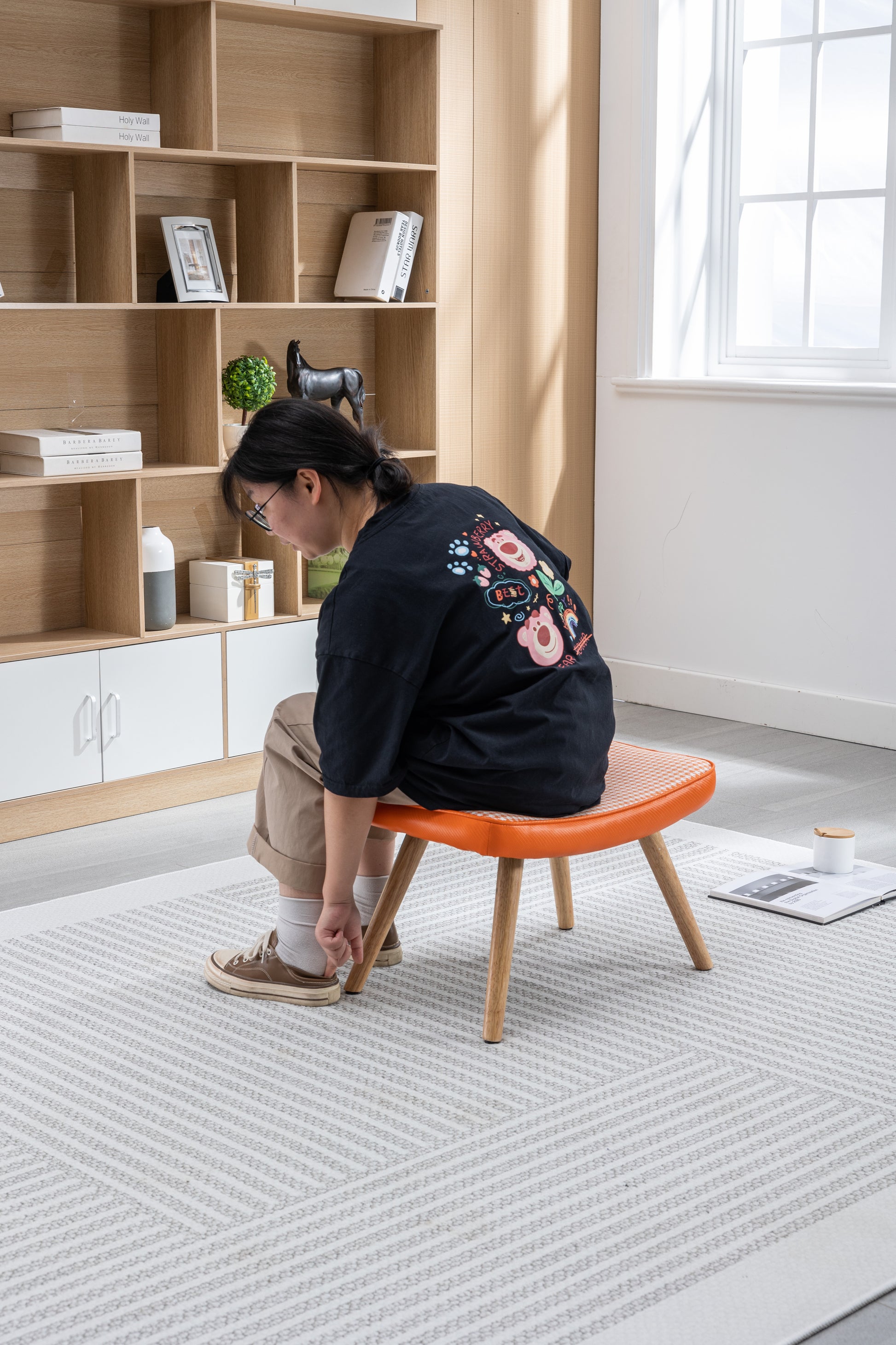 Wooden Step Ottoman,Wooden Step Stool For Adults,Square Cushion Foot Stool,Small Stool With Non Slip Pad,Wood Stool Suitable For Bedroom, Living Room And Kitchen Orange Orange Foam Cotton Linen