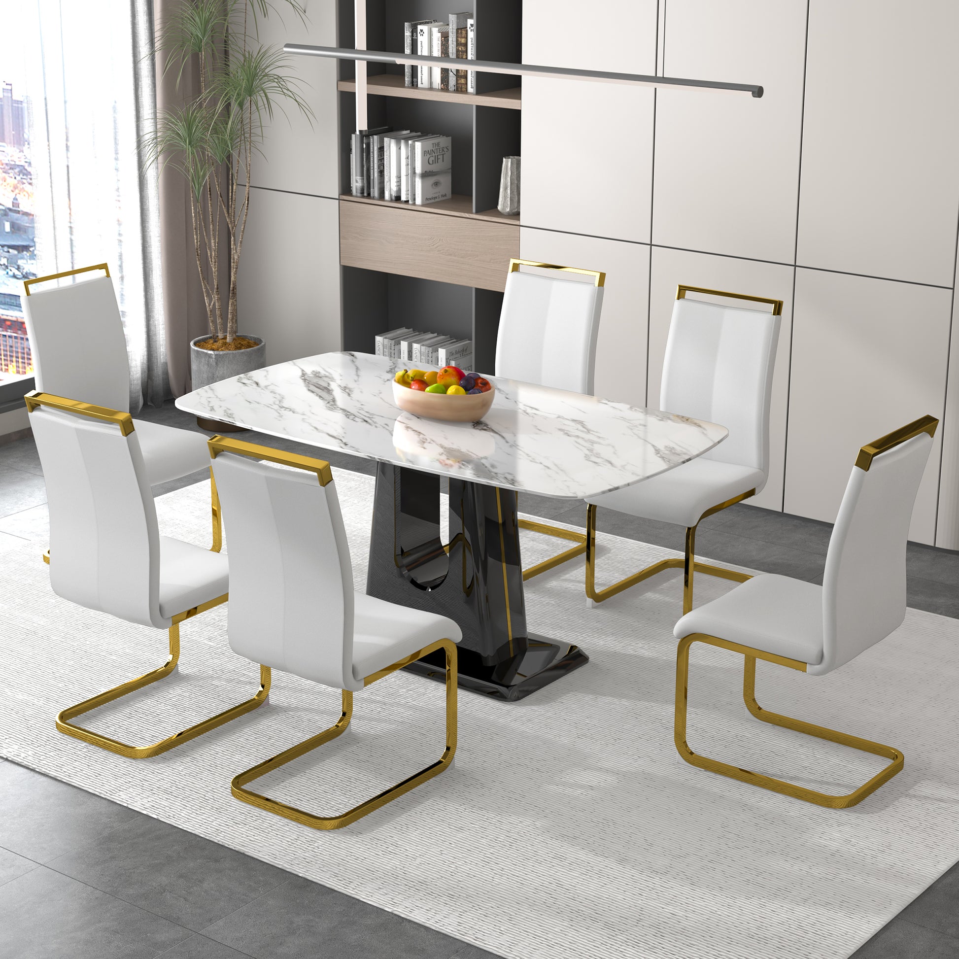 A Modern, Minimalist, And Luxurious Dining Table With A White Imitation Marble Tabletop And Mdf Legs With U Shaped Brackets. Tables In Restaurants And Living Rooms 63"*35.4"*30 F U White Mdf Glass