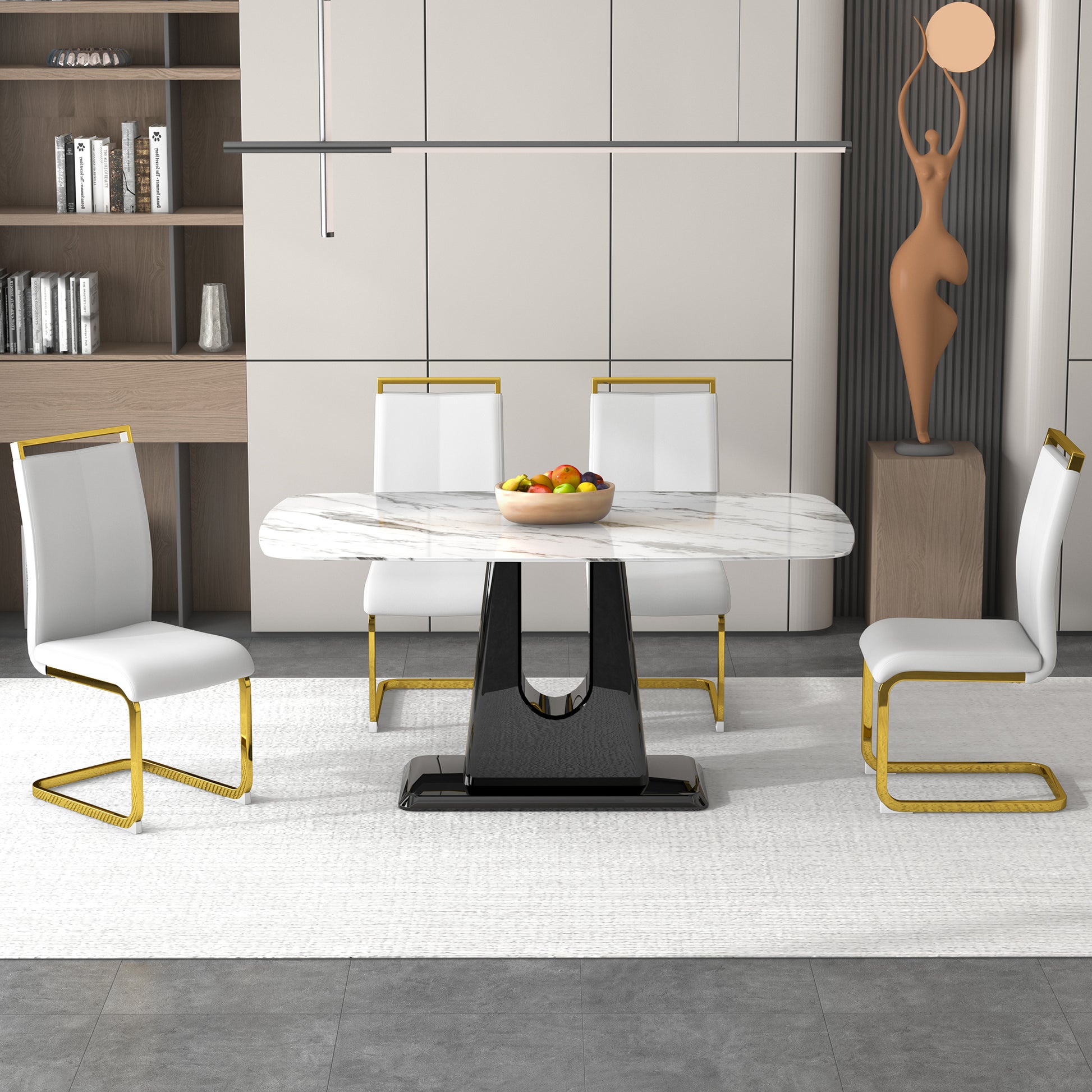 1 Table And 4 Chairs. Modern, Simple And Luxurious White Imitation Marble Rectangular Dining Table And Desk With 4 White Pu Gold Plated Leg Chairs 63'' X 35.4'' X 30'' White Black Mdf